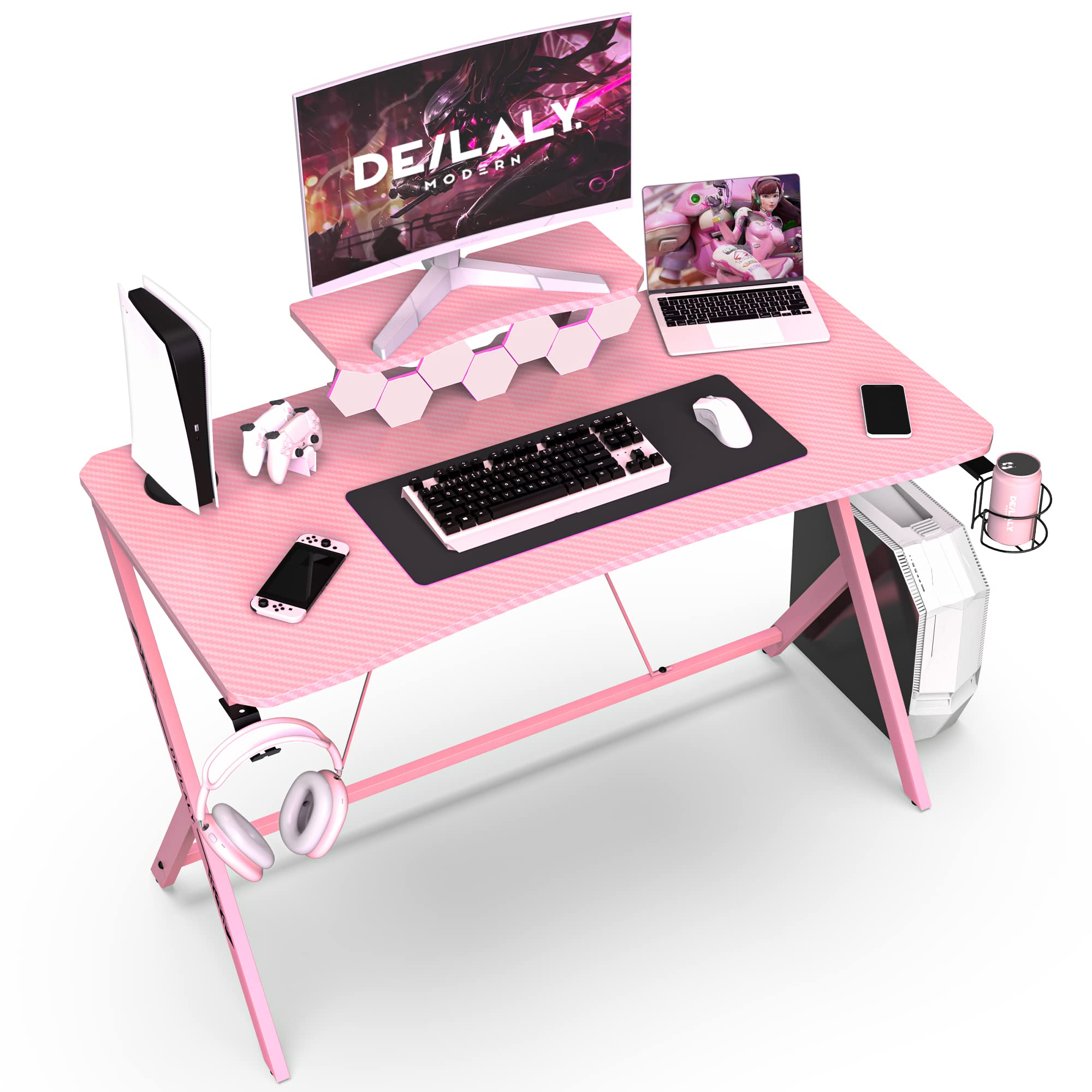 Pink Gaming Desk 45 inch - Computer Desk with Monitor Shelf & Cup Holder, Y-Shaped Kawaii Racing Style Gaming Table with Headphone Hook for Kids & Adults - Perfect for Home Office, Bedroom & Gaming Room Setup