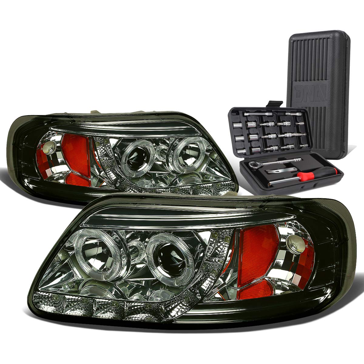 Auto Dynasty LED DRL Dual Halo Smoked Amber Corner Projector Headlight + Tool Kit - Compatible with Ford F-150, F-250, Expedition 1997-2004 Models | Upgrade Your Truck's Style & Visibility for Night Driving & Off-Road Adventures