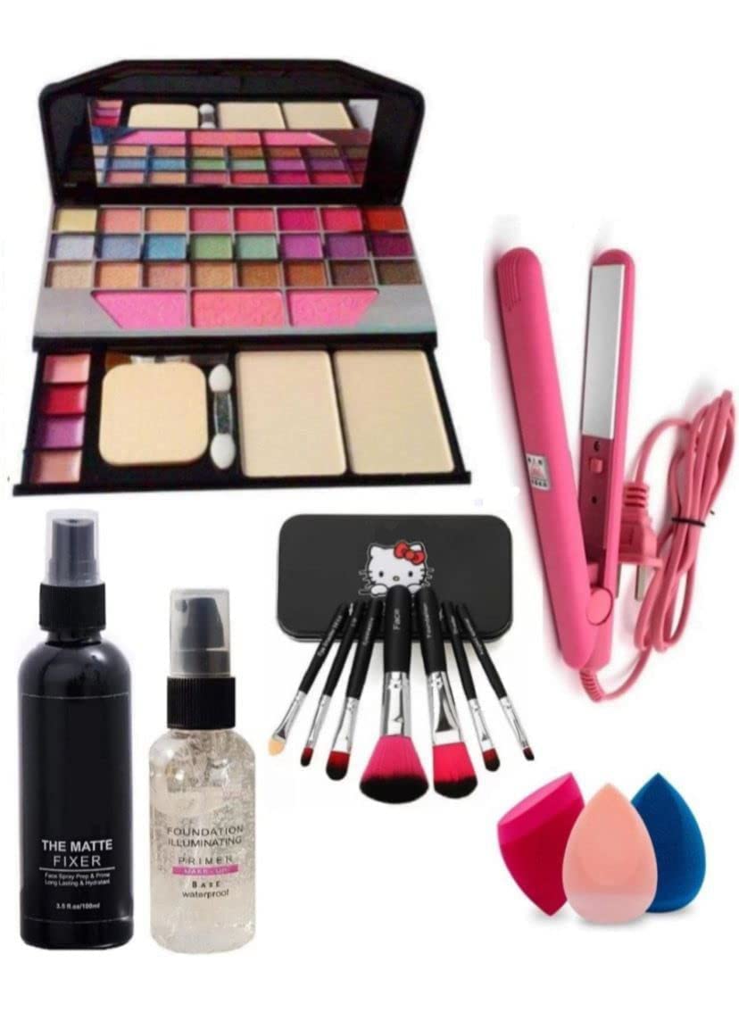 TYA 6155 Women's & Girls' Multicolor Makeup Kit with 7 Black Brushes, Matte Fixer, Primer, Hair Straightener & 3 Beauty Blenders (14-Piece Set) - Perfect for Travel, Bridal & Professional Makeup Application