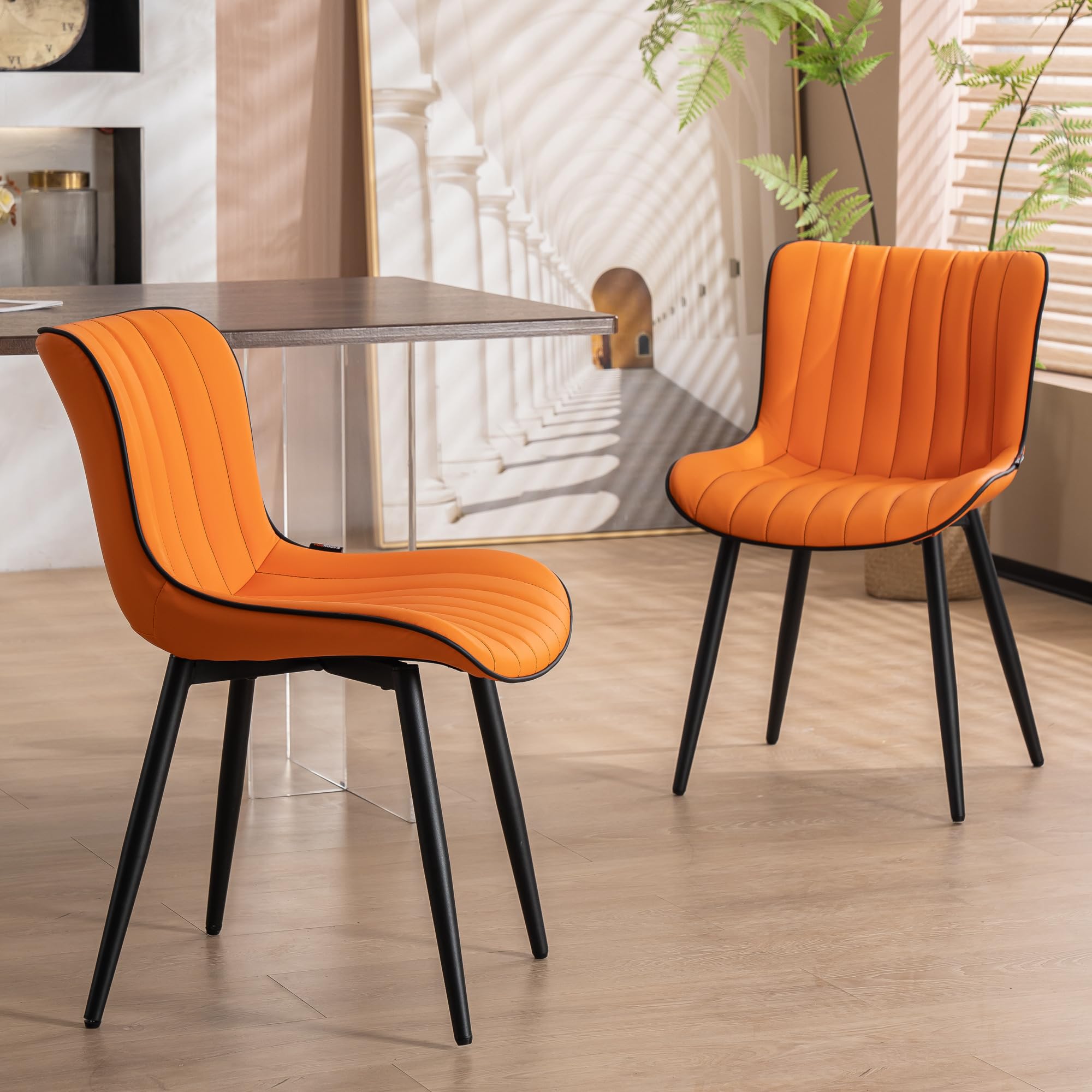 YOUNUOKE Mid Century Modern Dining Chairs Set of 2 - Orange Upholstered Armless Kitchen Chairs with Faux Leather & Metal Legs - Perfect for Dining Room, Kitchen, Living Room, Reception Area and Guest Bedroom