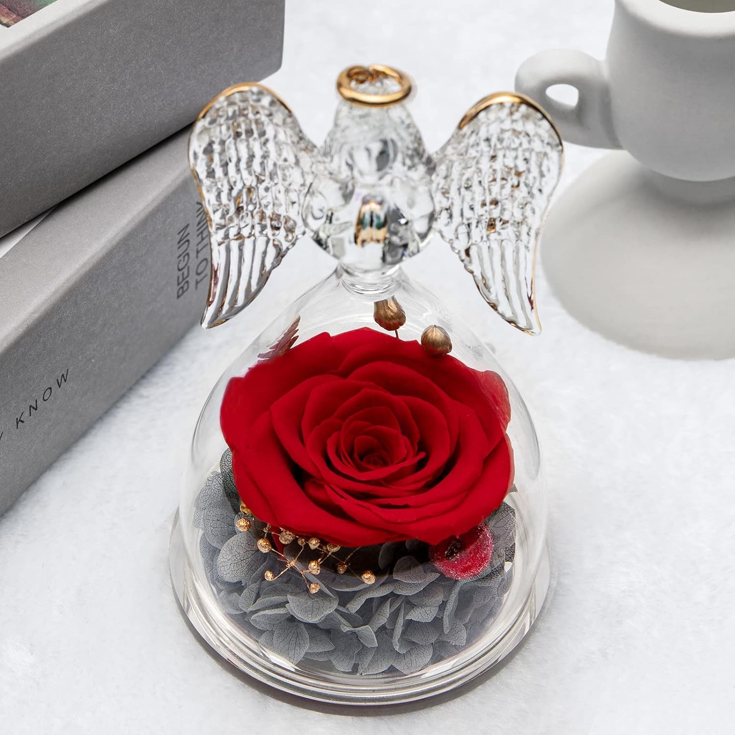 Yamonic Angel Figurine with Real Preserved Rose - Unique Birthday Gift for Mom, Grandma, Wife | Mother's Day, Christmas, Anniversary Present | Home Decor, Table Centerpiece, Keepsake (Red)