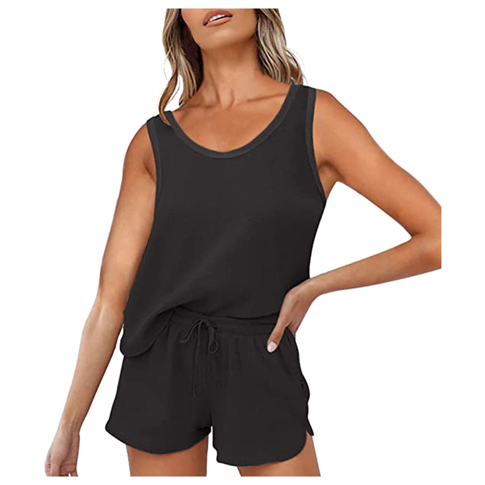 Women's Two-Piece Gradient Sleeveless Outfit Set - Solid Color Home Wear (Black, Size S) | Lounge Wear, Sleepwear & Casual Home Outfits