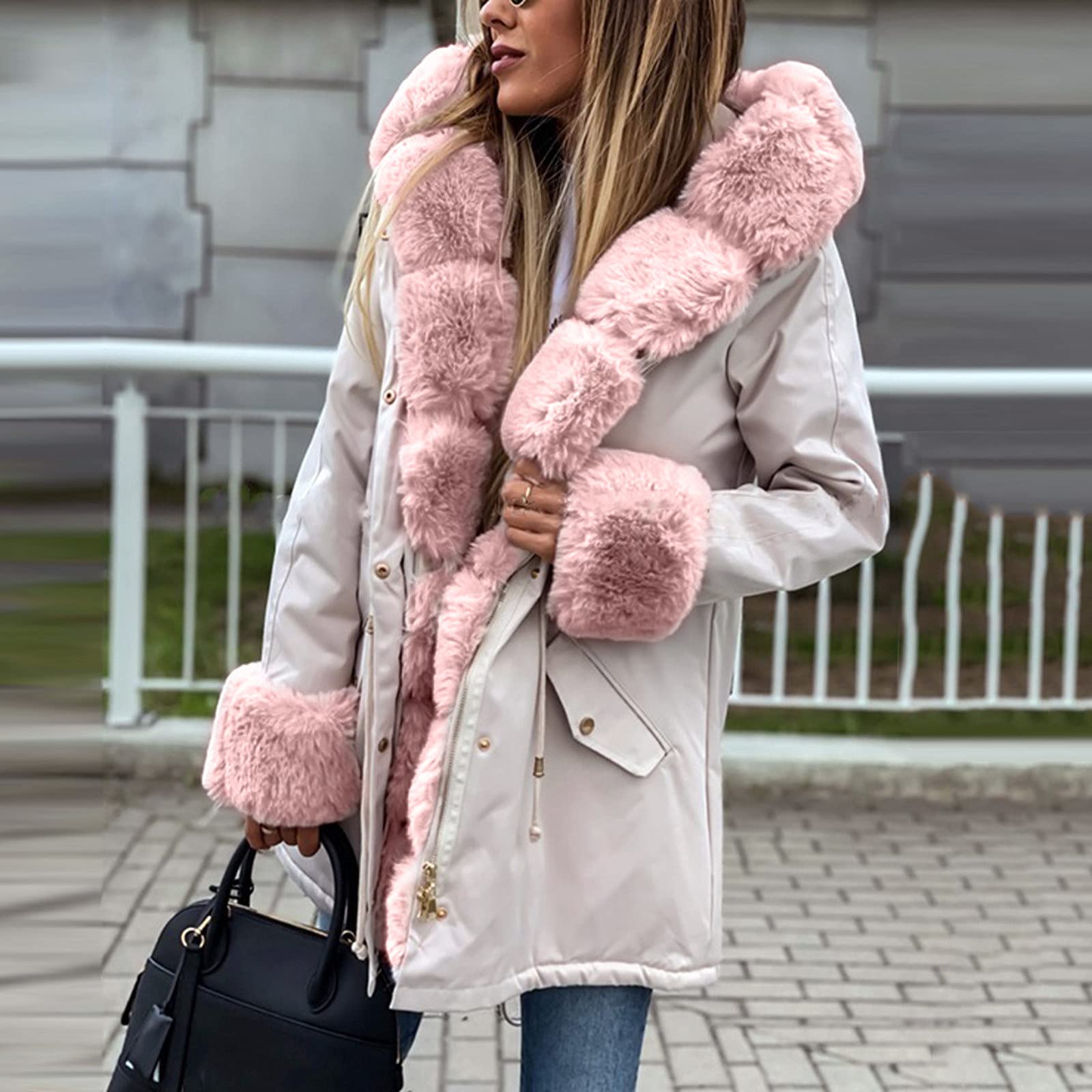 Women's Fashion Faux Fur Hooded Winter Coat - Fleece Lined Drawstring Padded Jacket with Zipper, Slim Fit Snow Suit for Cold Weather (Beige, XXXL) | Perfect for Winter Outdoor Activities, Snowboarding & Casual Wear