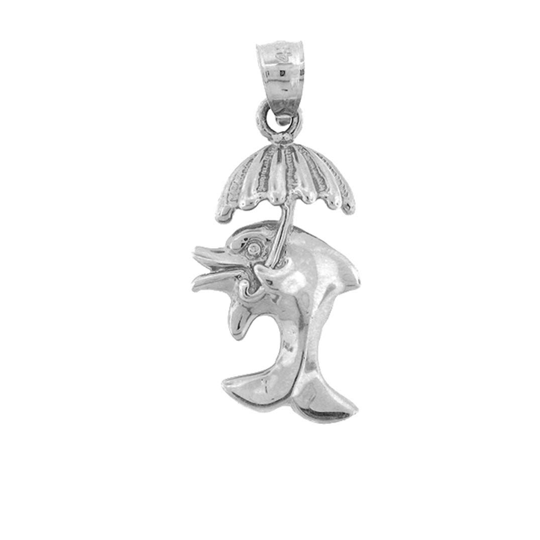 Sterling Silver 925 Dolphin with Umbrella Pendant Necklace - 26mm Handmade Jewelry for Women, Perfect Gift for Beach Lovers & Ocean-Themed Occasions