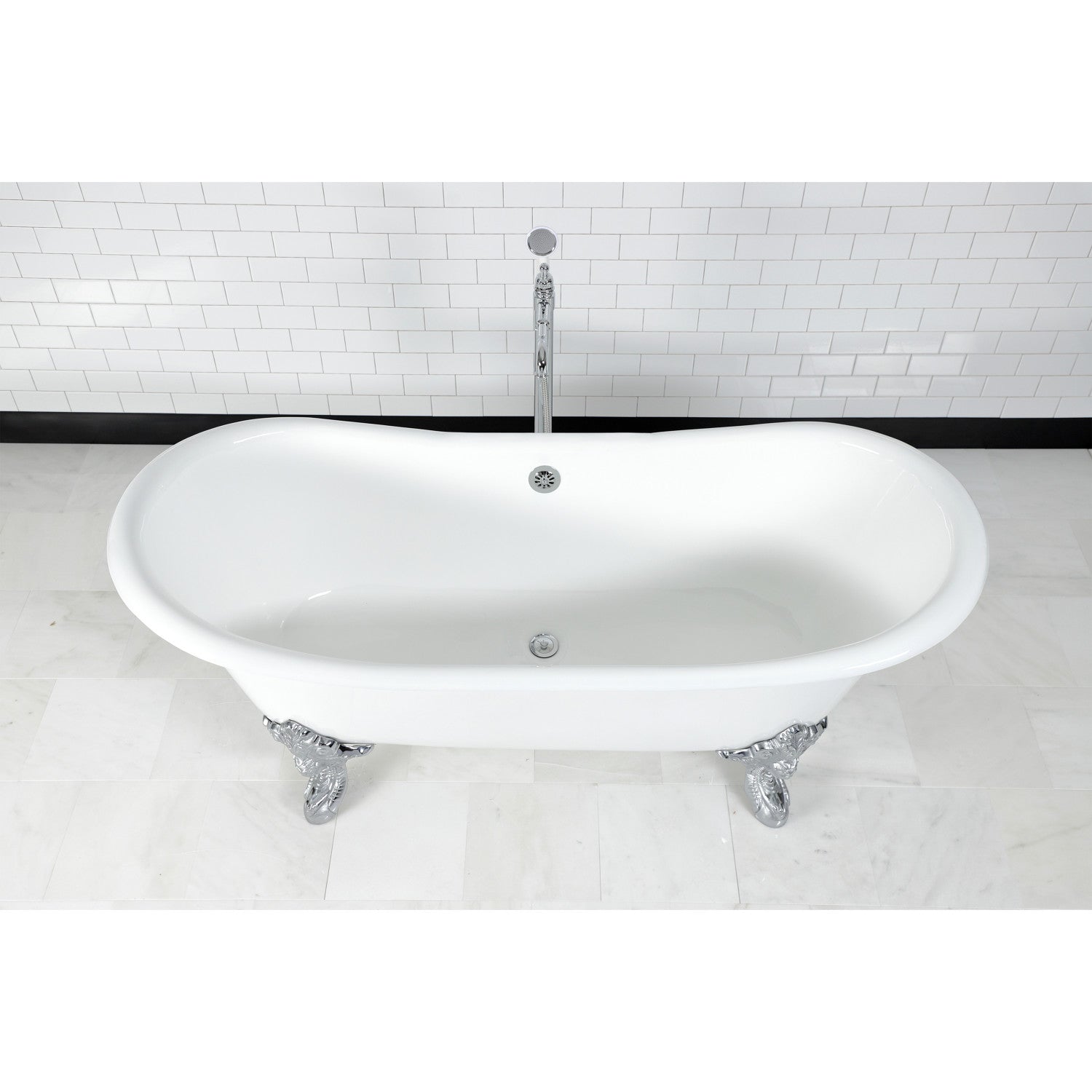 Aqua Eden 72 Inch White Cast Iron Oval Double Slipper Clawfoot Bathtub - No Faucet Drillings, Polished Chrome Finish | Vintage Luxury Soaking Tub for Master Bathroom & Spa Retreat