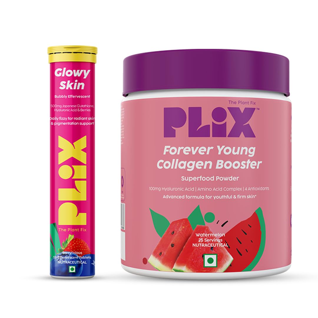 PLIX - THE PLANT FIX Beauty Glow Combo: Glutathione 15 Effervescent Tablets & Collagen Builder Powder (200G) for Youthful, Radiant Skin | 2-Pack with 15 Capsules | Anti-Aging Skincare Supplement for Daily Beauty Routine
