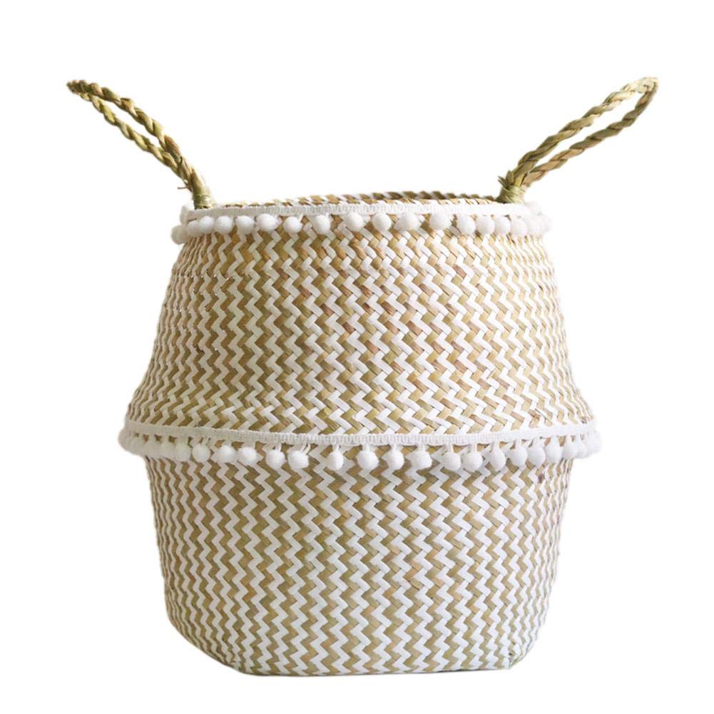 Natural Seaweed Woven Basket - Foldable & Portable Storage Organizer for Toys, Plants & Flowers | Hand-Knotted Medium Size | Perfect for Nursery, Living Room & Beach Decor