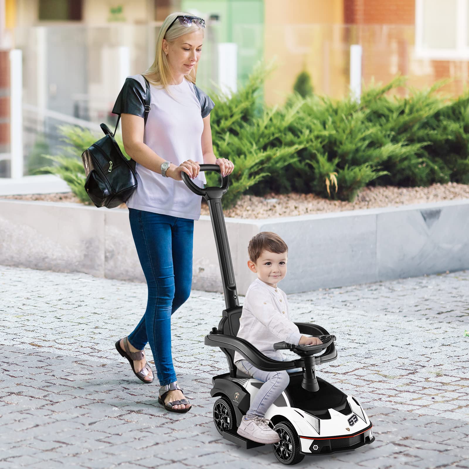 Costzon 3-in-1 Push Car for Toddlers - Licensed Lamborghini Stroller, Ride-On Toy with Handle, Armrest Guardrail & Storage - Foot-to-Floor Walking Car with Horn - Perfect Gift for Boys & Girls (White) - Indoor & Outdoor Play, Birthday & Holiday Present