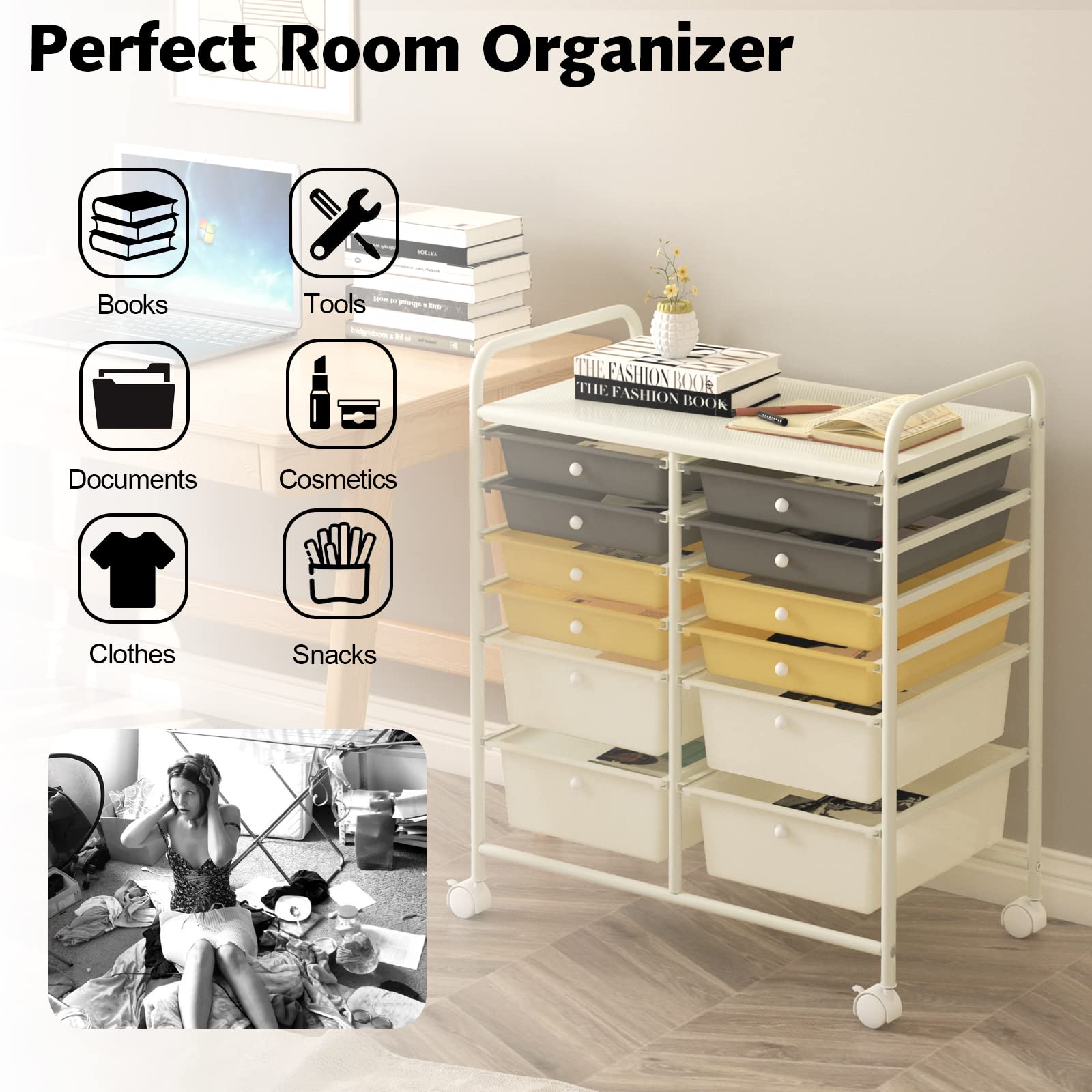 Giantex 12-Drawer Rolling Storage Cart with Wheels - Multipurpose Mobile Organizer for Home Office School - Yellow Utility Cart for Bedroom, Kitchen, Classroom & Dorm Organization
