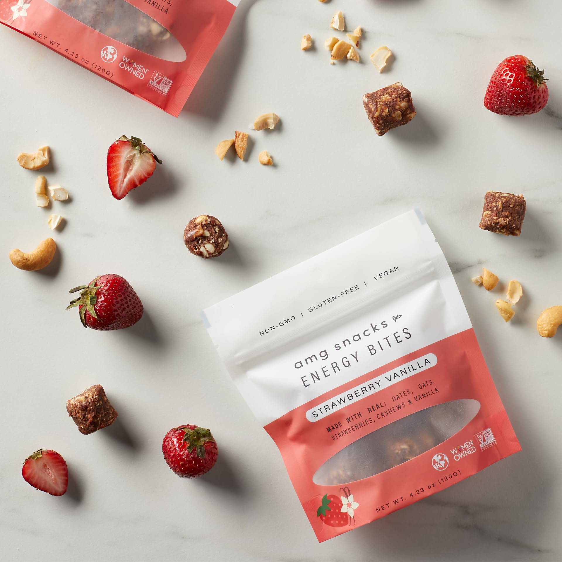 AMG Snacks Strawberry Vanilla Energy Bites - 4.3 oz, Pack of 3 (18 Bites Total) | Healthy Date & Nut Protein Snack Bars | Non-GMO, Gluten Free, Vegan, All Natural Ingredients | Perfect for Hiking, Workouts & On-the-Go Snacking