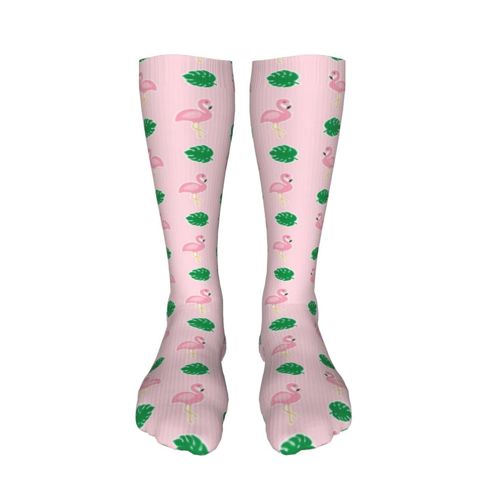 Pink Flamingo & Monstera Thigh High Compression Socks - Over The Knee Socks for Women & Men - Perfect for Cosplay, Workout & Winter Warmth