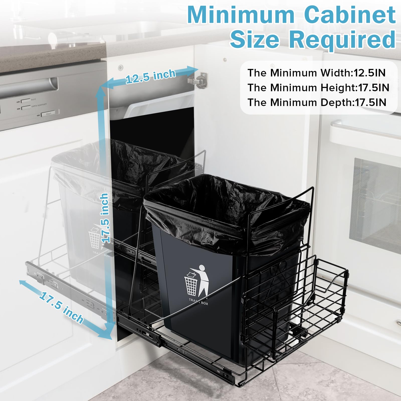 Under Cabinet Pull Out Trash Can with Detachable Front Basket - Hidden Kitchen Garbage Bin for Sink Storage, Perfect for Small Spaces & Easy Garbage Bag Access (Trash Can Not Included) - Ideal for Kitchens, Bathrooms & RVs