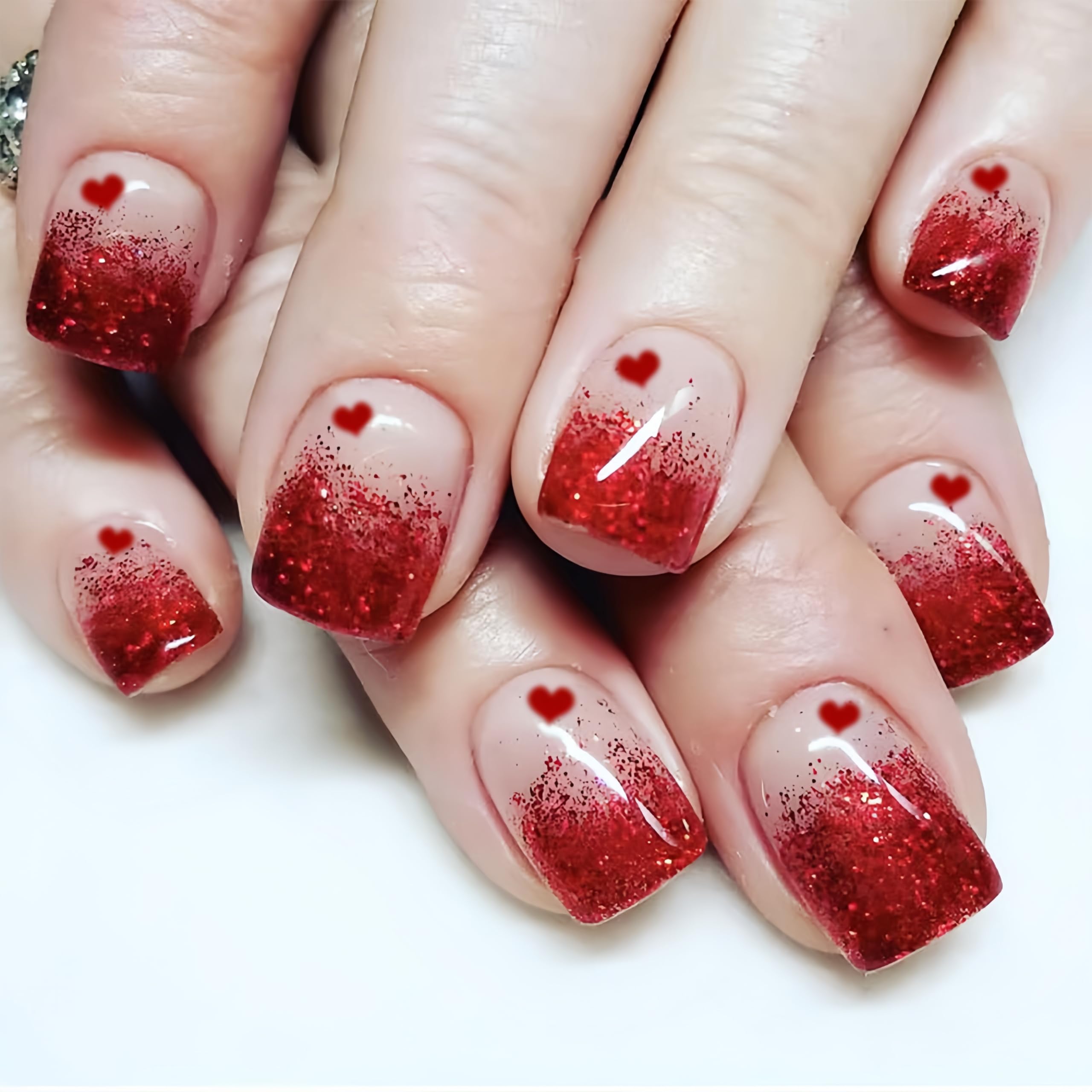 24Pcs Red Heart Press on Nails Short Square Fake Nails - Valentine's Day Little Love Heart Design, Glossy Acrylic Nails with Romantic Red Flash Gradient French Tips for Women & Girls | Perfect for Date Night, Parties, Weddings & Special Occasions
