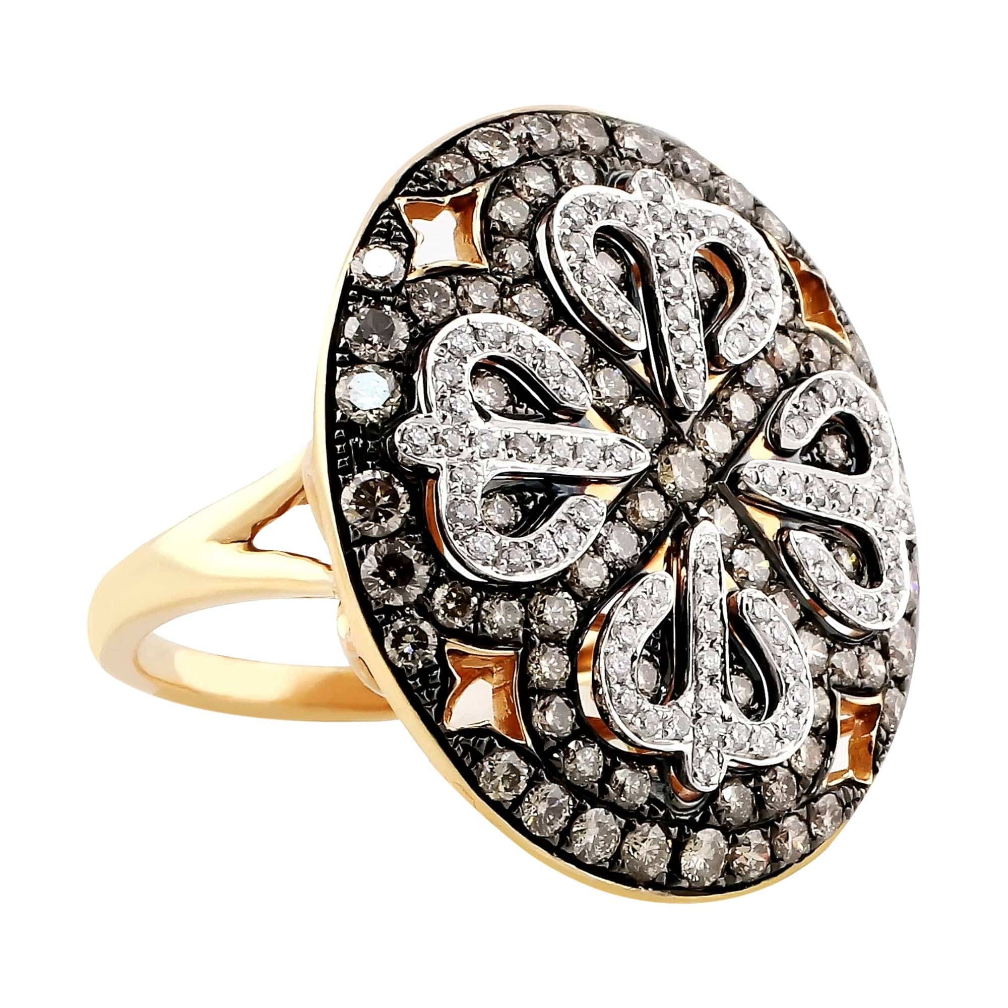 18K Rose Gold Brown & White Diamond Round Filigree Ring for Women - Elegant Vintage Engagement, Wedding, Anniversary Jewelry Gift