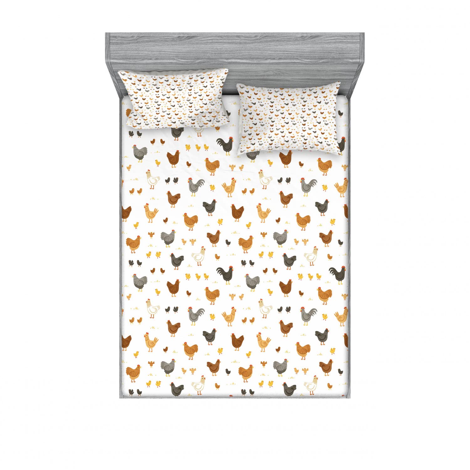 Ambesonne 2-Piece Full Size Fitted Sheet Set with 4 Pillow Shams - Country Rooster Chicken Feather Design in Cinnamon & Apricot Colors - Soft Bedding for Farmhouse, Rustic, or Country Style Bedroom Decor
