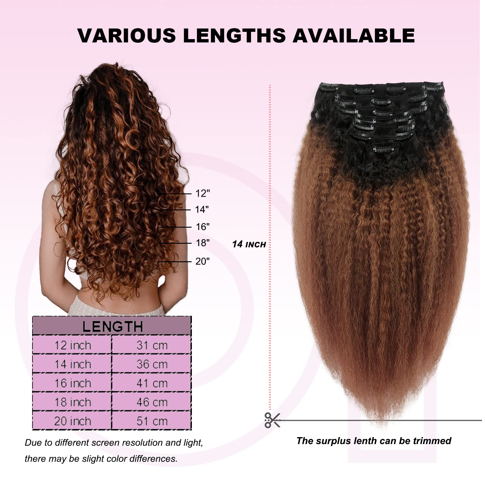 Ombre Black to Medium Auburn Clip-in Hair Extensions for Black Women - 7pcs 14 Inch 120g Remy Human Hair - Perfect for Parties, Weddings & Everyday Styling