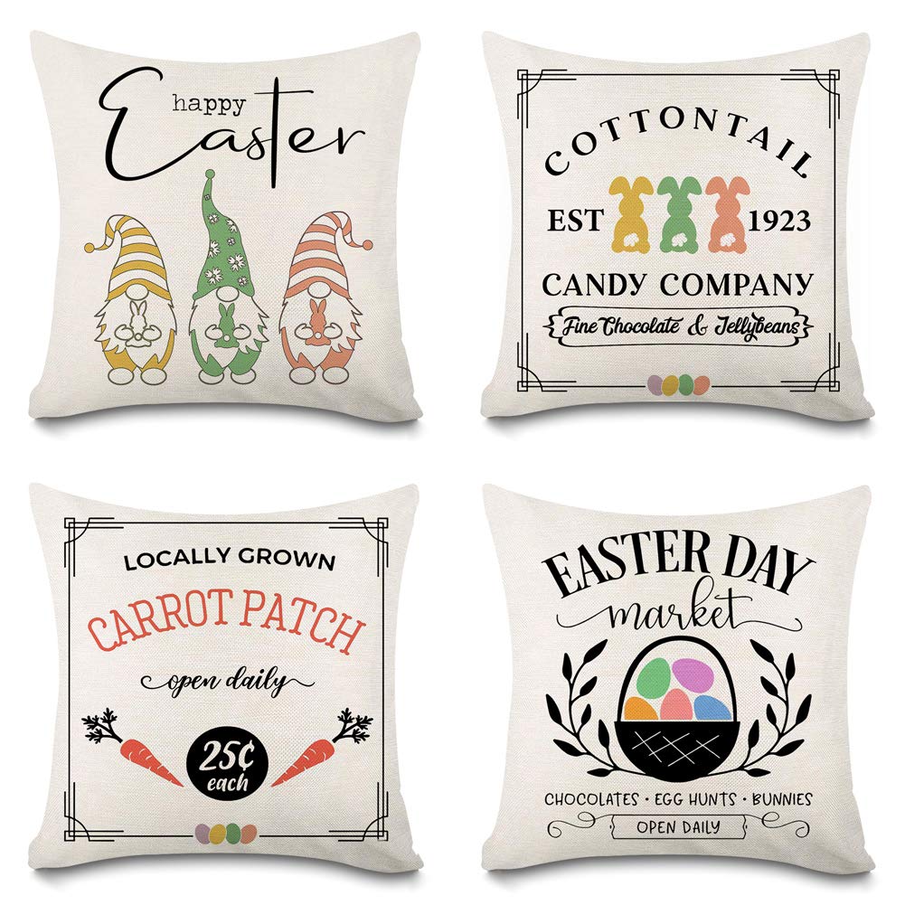 Happy Easter Pillow Covers Set of 4 - 18x18 Inch Farmhouse Spring Decor with Rabbit, Egg & Carrot Designs - Cotton Linen Cushion Covers for Sofa, Couch - Perfect for Easter Home Decor, Living Room, Bedroom & Seasonal Farmhouse Styling