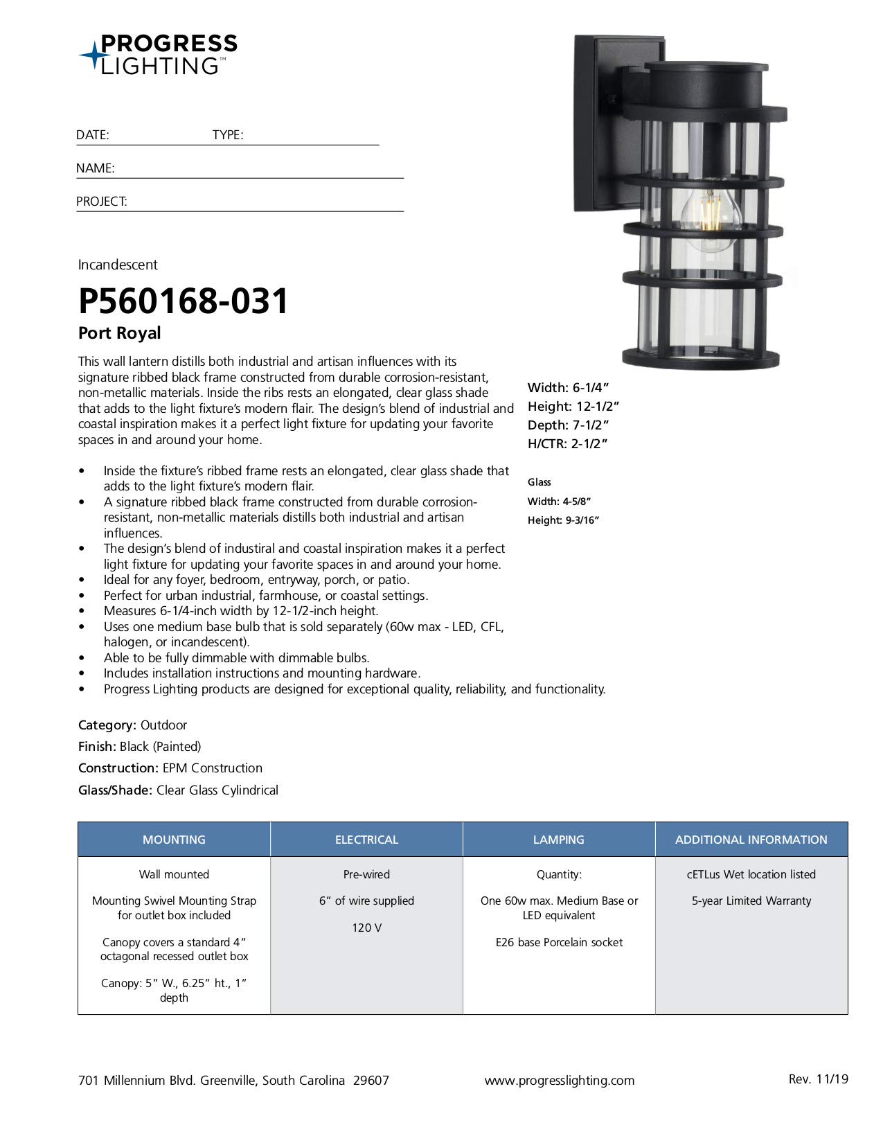 Progress Lighting Port Royal Collection 1-Light Clear Glass Farmhouse Outdoor Wall Lantern Light in Textured Black - Perfect for Porch, Patio, Garden & Entryway Lighting