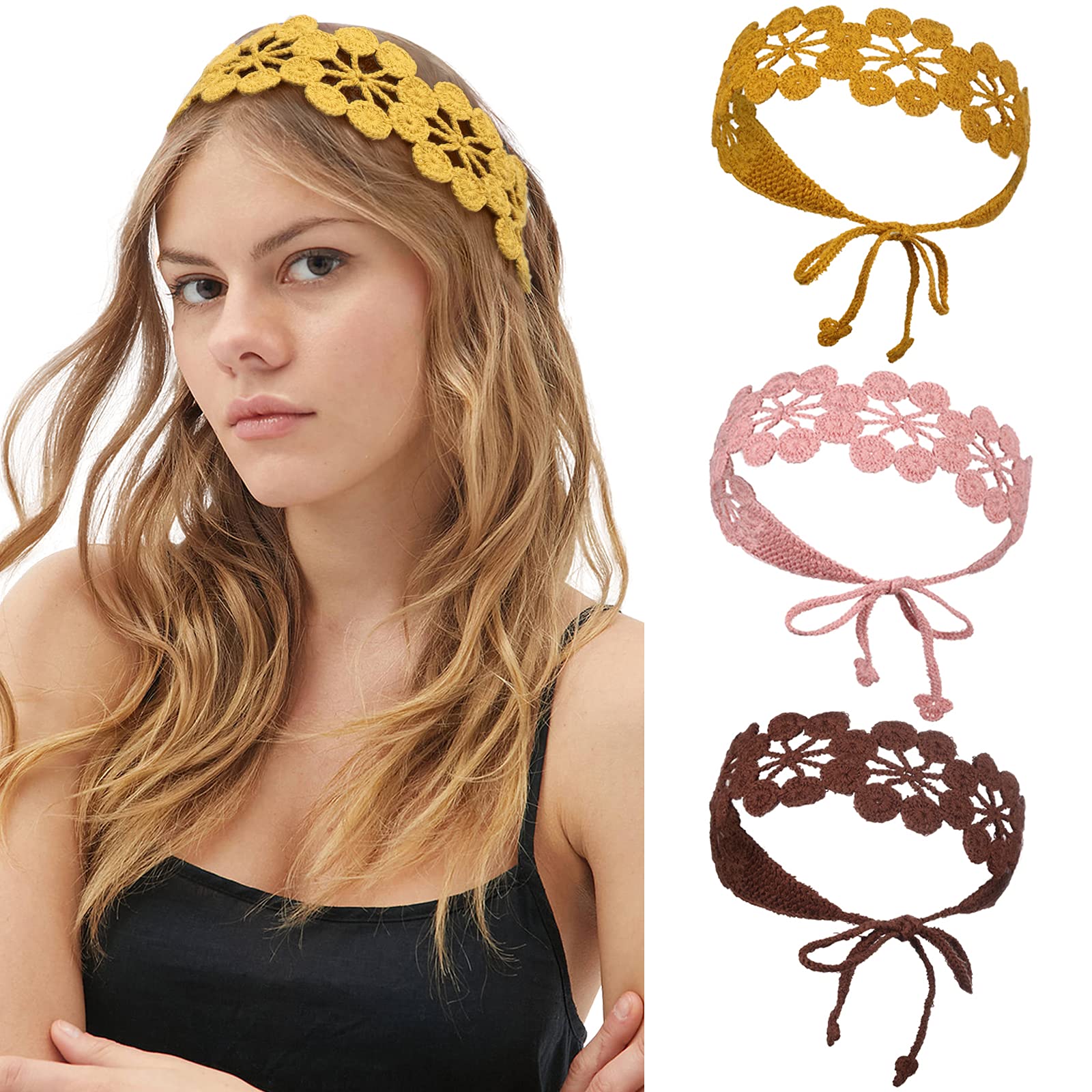 CHLINS Daisy Handmade Bohemian Knit Head Wraps - 3PCS Stretchy Crochet Headbands for Women & Girls (Dark Coffee, Pink, Turmeric) | Perfect for Yoga, Beach, Music Festivals & Boho Fashion