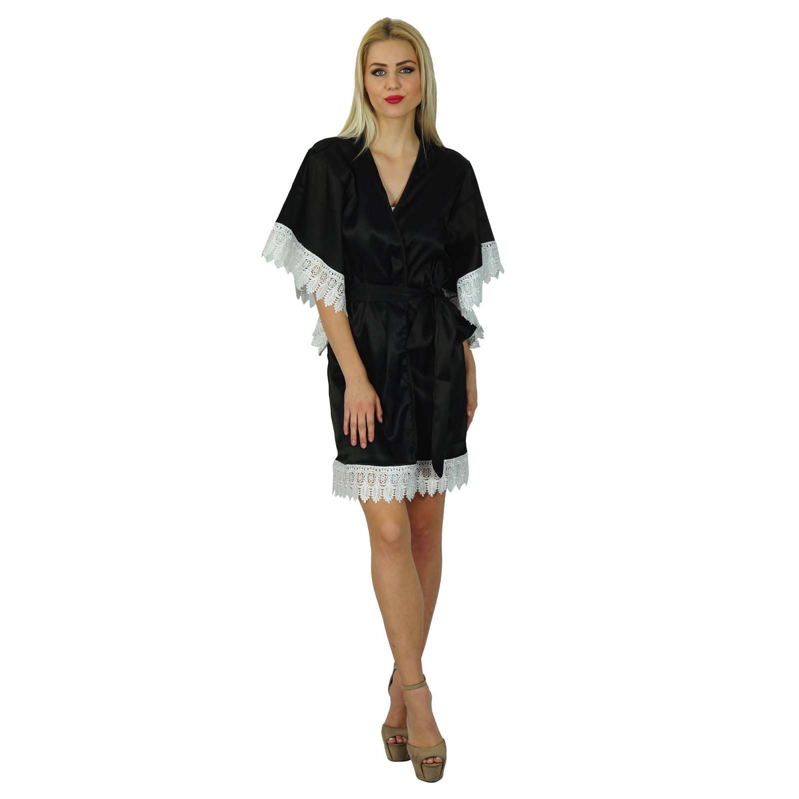 Bimba Women's Short Satin Kimono Robe with Lace Trim - Elegant Bridal & Bridesmaid Cover Up - Black - Perfect for Wedding Morning Prep, Spa Days & Boudoir Photography