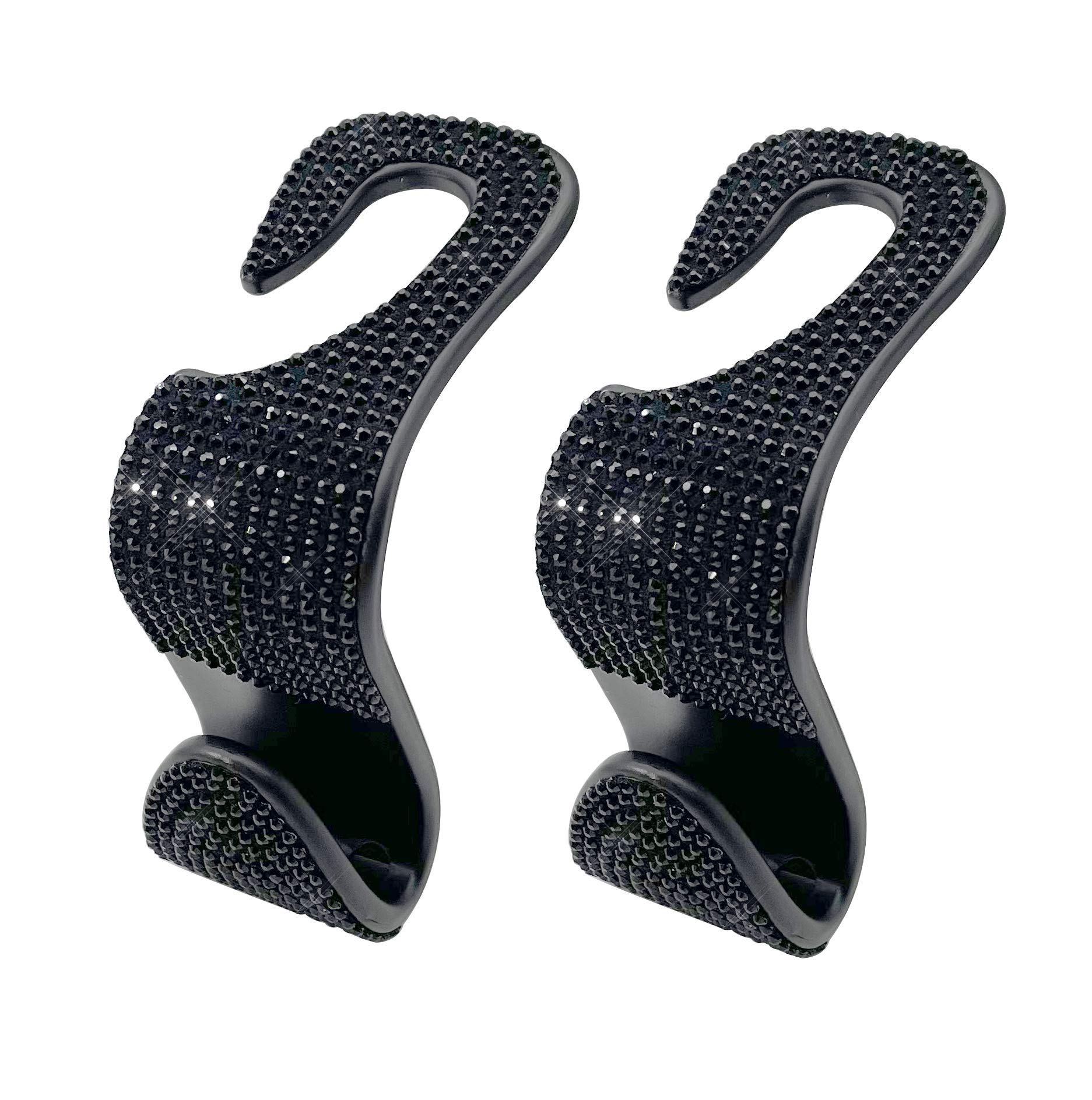 2 Pcs Bling Crystal Car Seat Hooks - Heavy Duty Auto Backseat Hangers for Purse, Handbag, Clothes & Grocery Bags - Universal Rear Seat Organizer (Black) - Perfect for Road Trips, Shopping & Daily Commute