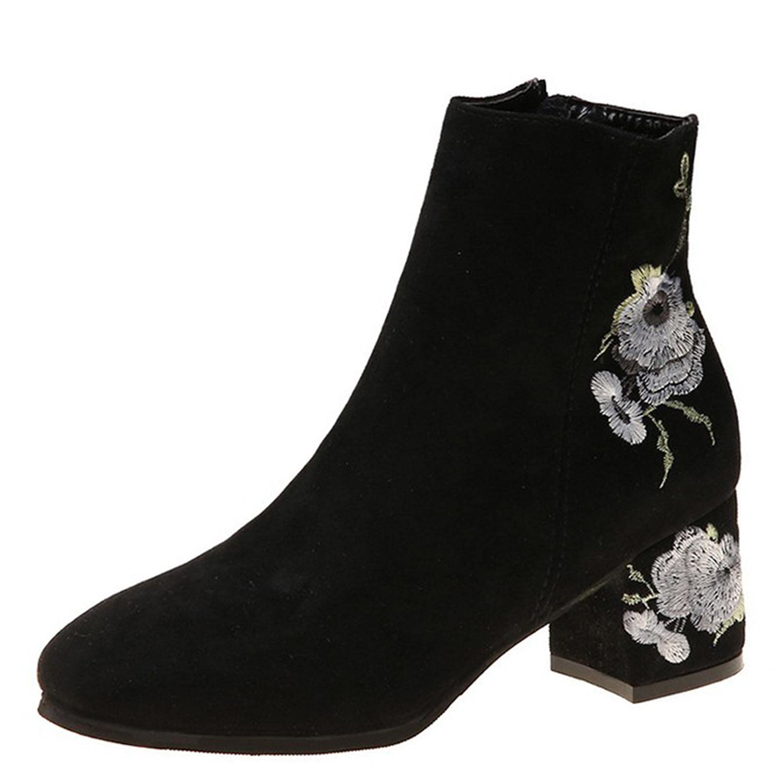 Women's Retro Embroidered Ankle Boots - Mid Calf Combat Boots with Chunky Block Heel & Slip-On Design | Vintage Motorcycle Boots for Casual Outfits, Fall Fashion & Night Out