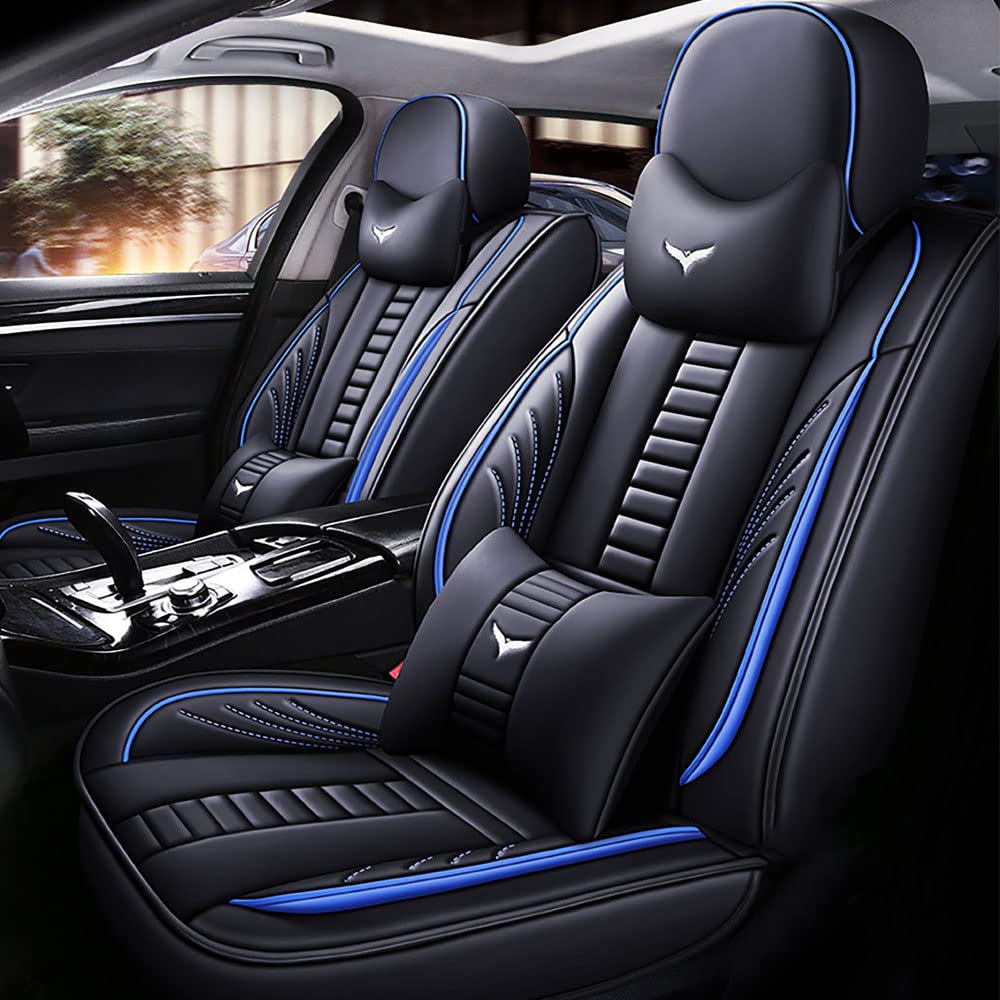 Universal Fit PU Leather Car Seat Covers Full Set for 2016 Chevy Cruze Limited - Black & Blue Stitching with Headrest & Lumbar Support - Perfect for Daily Commuting, Road Trips & Interior Protection