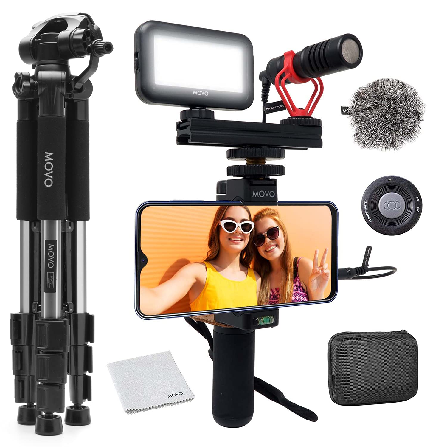 MOVO VXR10 Shotgun Microphone Kit - Professional Smartphone Video Kit with Shotgun Mic, Phone Grip, Tripod & LED Light for iPhone, Android, DSLR Cameras - Perfect for Vlogging, YouTube, Live Streaming & Content Creation