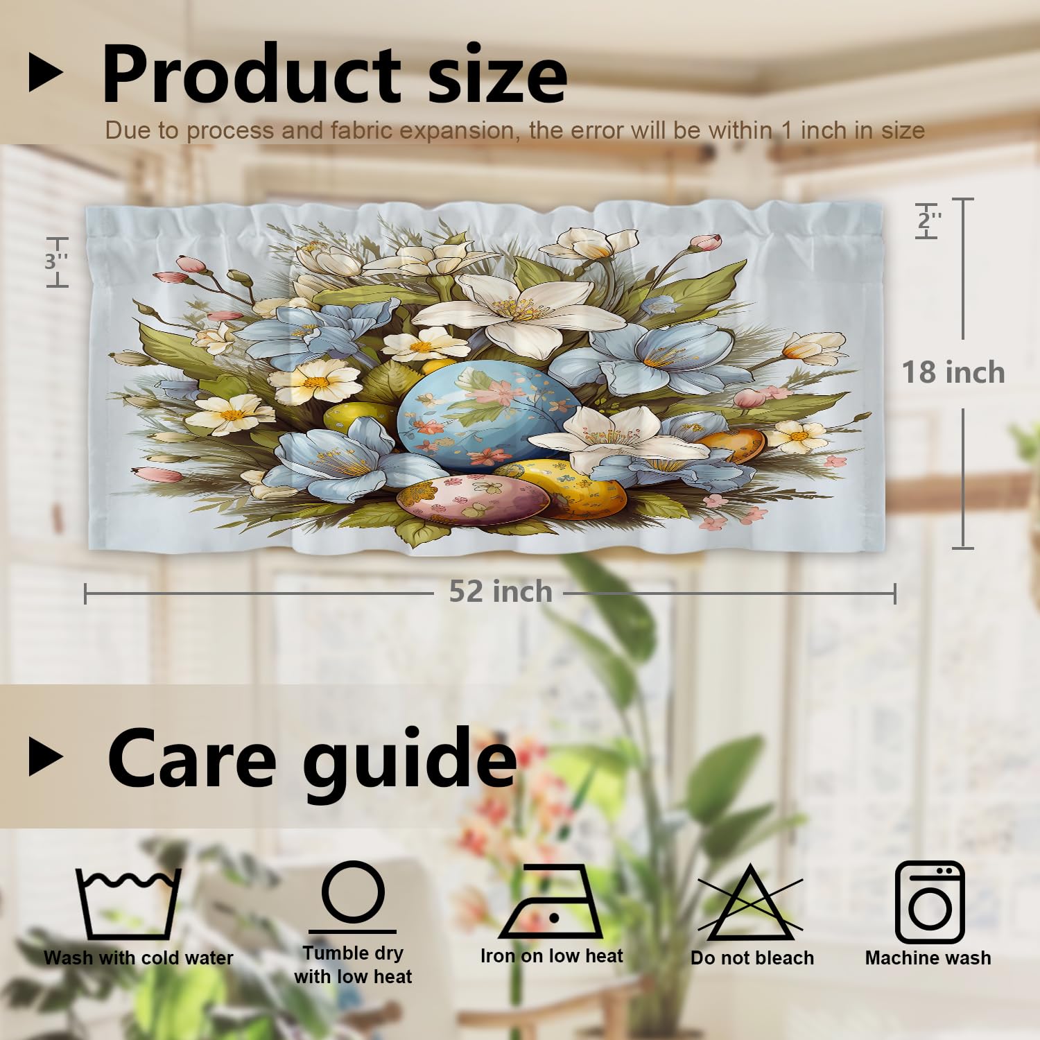 Floral & Egg Print Kitchen Valances - 2 Pack Blackout Window Curtains 52x18 Inches, Multi-Layer Polyester Drapes for Kitchen & Bedroom - Perfect for Farmhouse Decor & Sun Protection