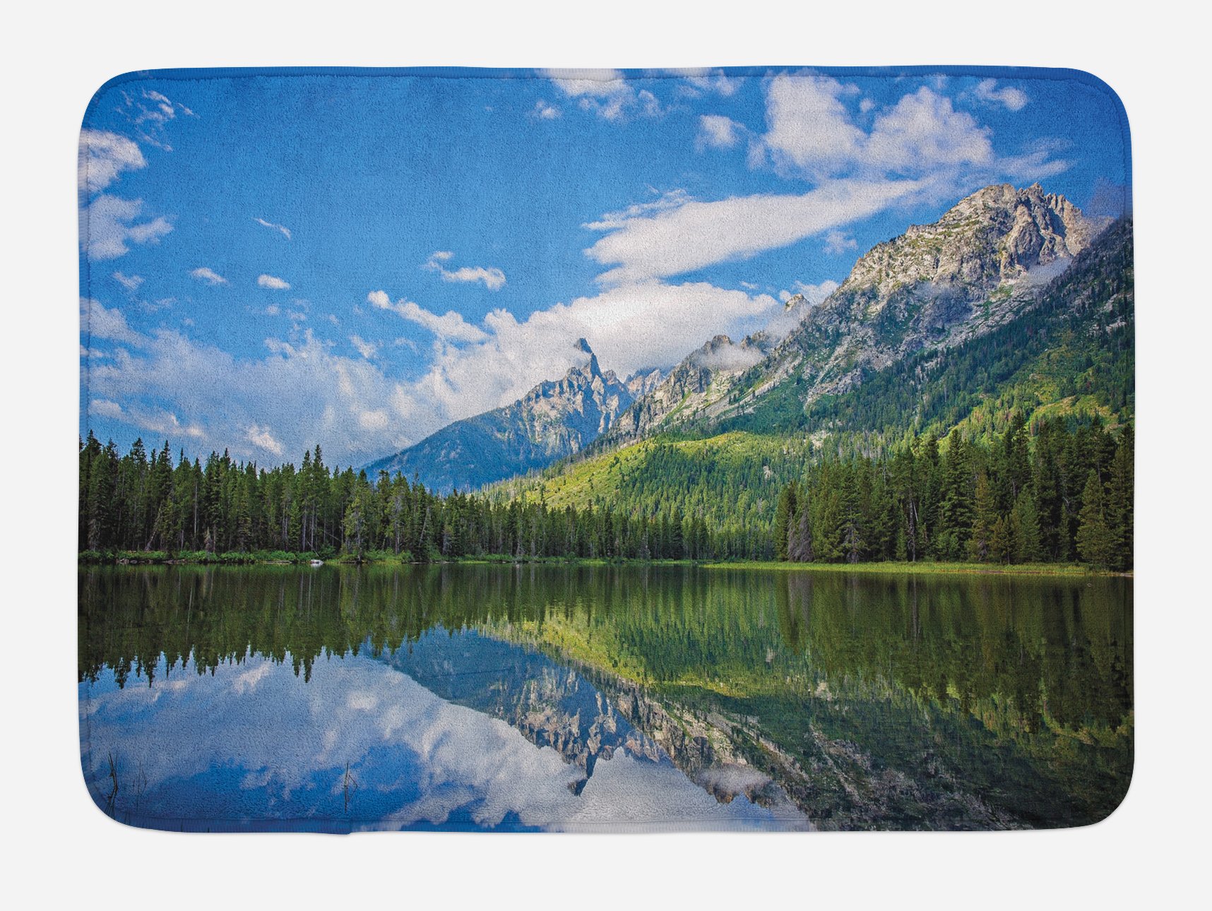 Ambesonne Non-Slip Plush Bath Mat - Mountain Lake Scenery with Trees & Cloudy Sky Nature Print, 30.2