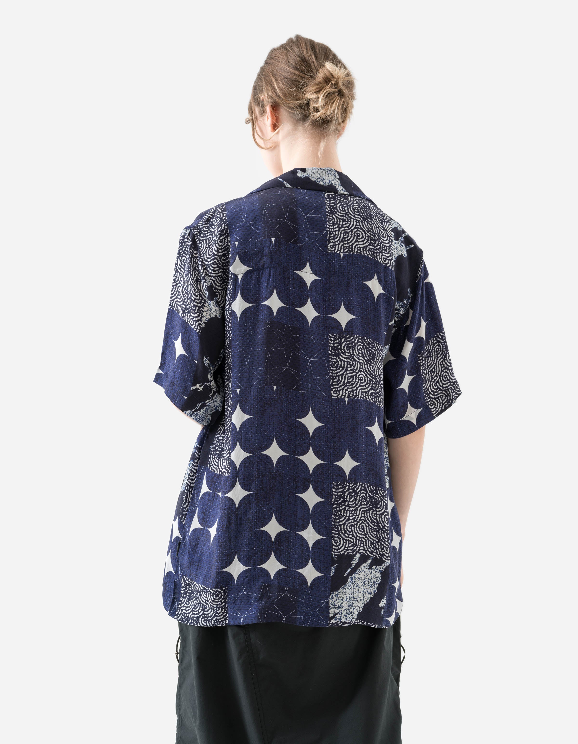Sashiko Patchwork Summer Shirt for Men & Women - Navy & Ecru Cotton Blend - Lightweight Breathable Button Down Shirt for Casual Wear, Beach Outfits, and Summer Travel