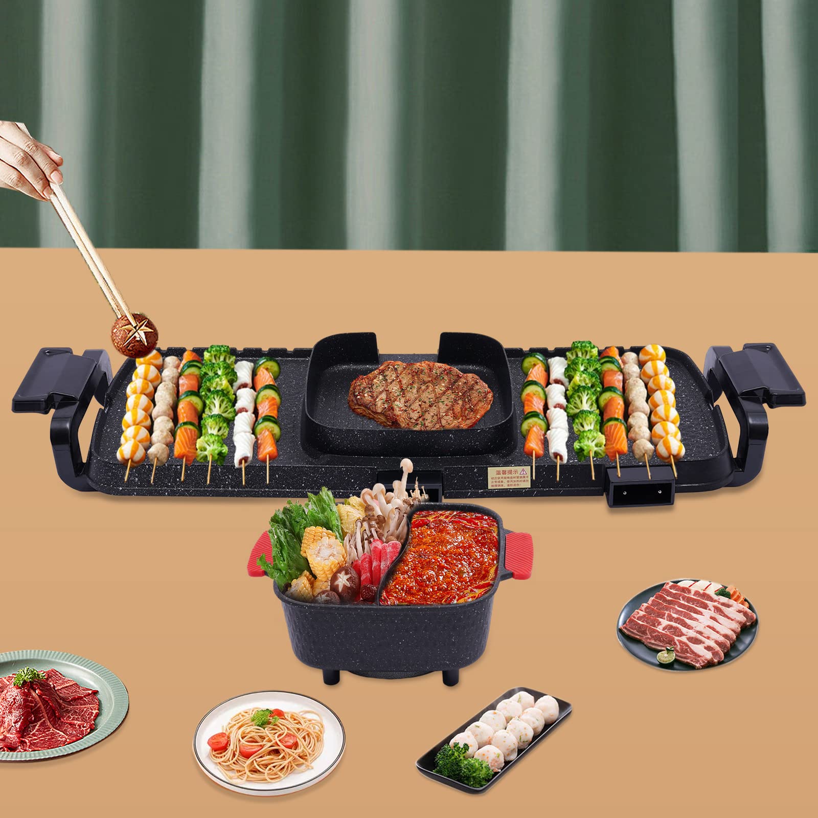 2-in-1 Electric Grill and Hot Pot Combo with Dual Temperature Control - 5 Adjustable Heat Settings for Korean BBQ, Teppanyaki & Shabu Shabu - Perfect for Family Dinners, Parties & Indoor Cooking