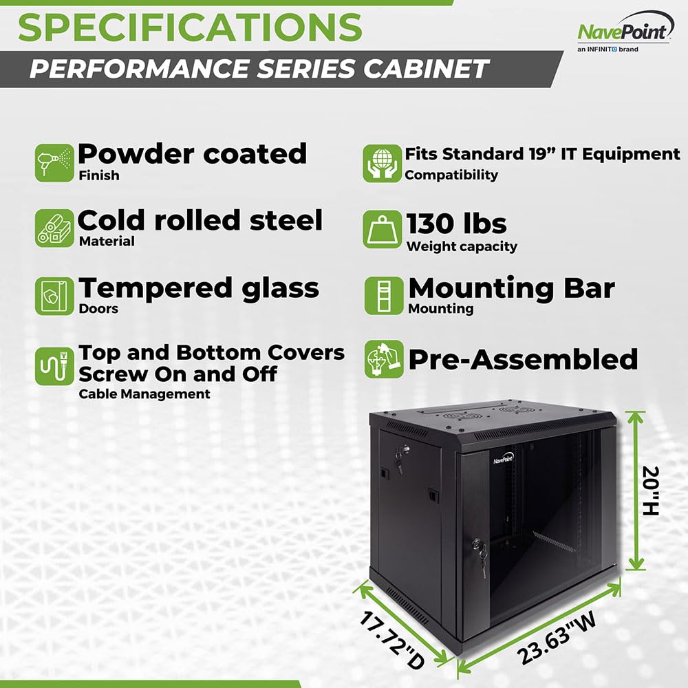 NavePoint 9U Wall Mount Server Rack Cabinet with Locking Glass Door - 19 Inch Network Rack Enclosure for IT & AV Equipment | Includes 2 Cooling Fans, Removable Side Panels (17.7