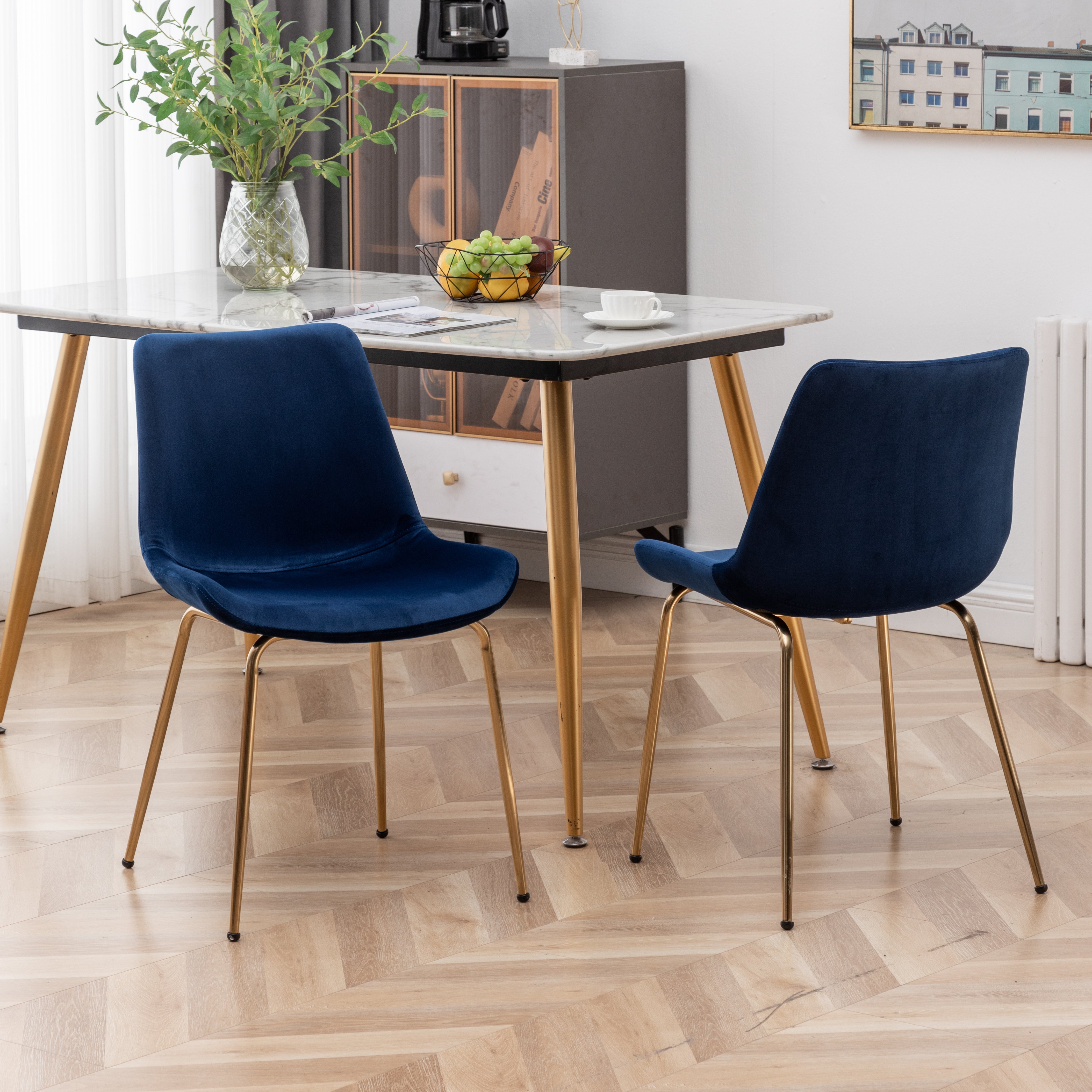 Roundhill Furniture Aufurr Modern Velvet Dining Chairs - Set of 2, Blue Velvet Upholstered Accent Chairs for Dining Room, Kitchen, or Home Office - Comfortable Mid-Century Style Seating