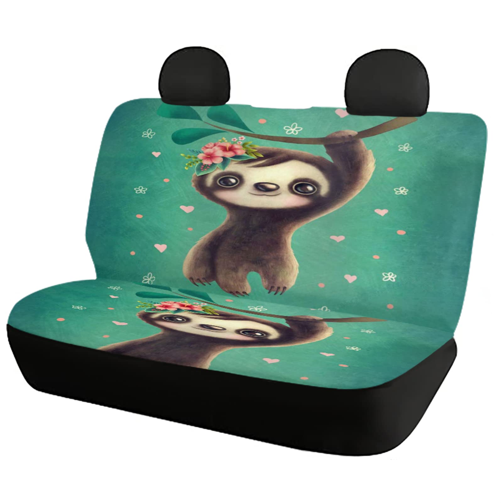 Sloth Print Car Accessories Set - Universal Fit Car Seat Covers, Steering Wheel Cover, Gear Shift Knob Cover, Hand Brake Cover, Seat Belt Pads & Center Armrest Cover with Coasters | Cute Sloth Design for Cars, SUVs & Trucks - Perfect Gift for Animal Lovers & Road Trip Essentials