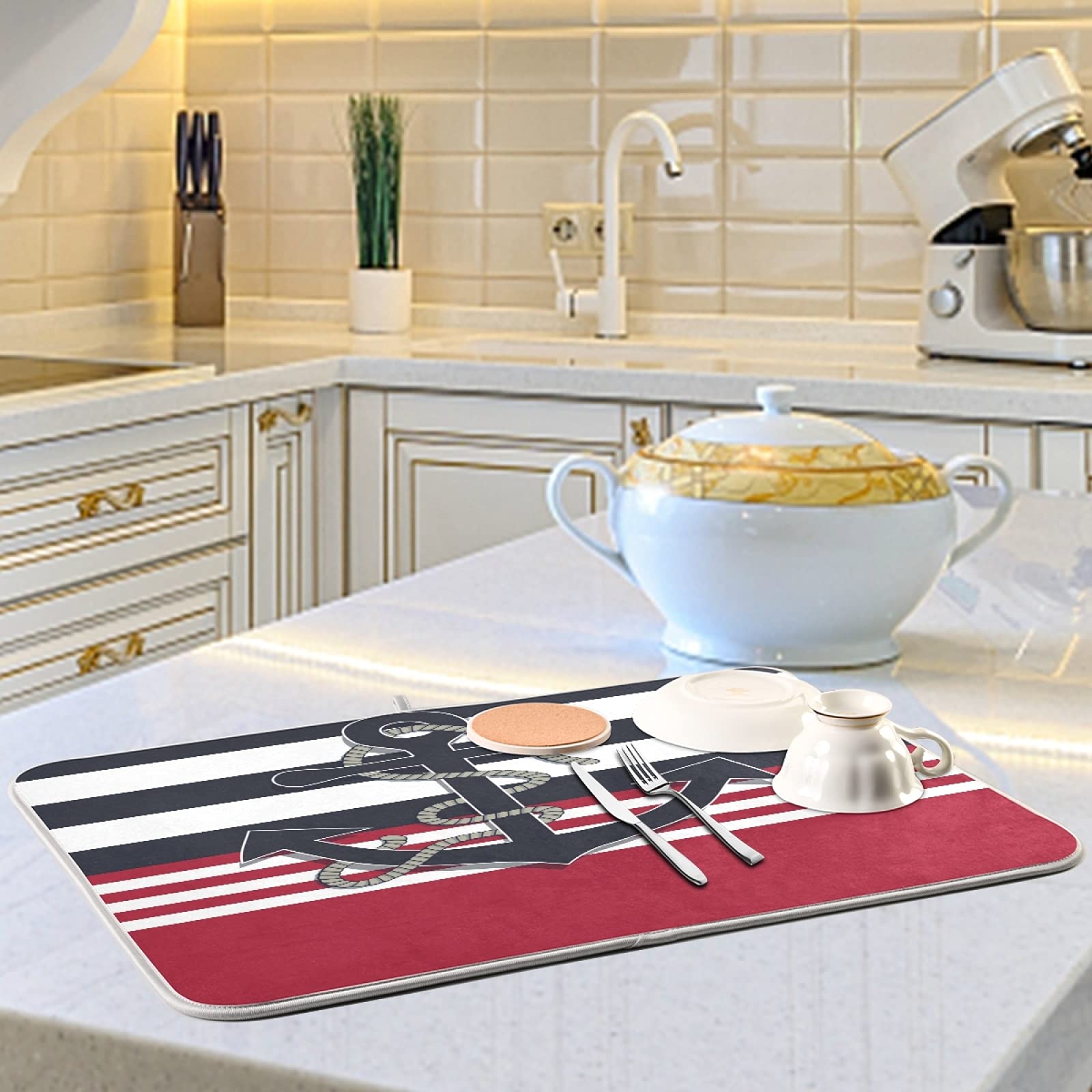Absorbent Reversible Microfiber Dish Drying Mat - Kitchen Countertop Protector with Nautical Anchor & Black Rope Design | 18x24 Inch Non-Slip Dish Rack Pad | Perfect for Drying Dishes, Protecting Countertops & Adding Coastal Decor