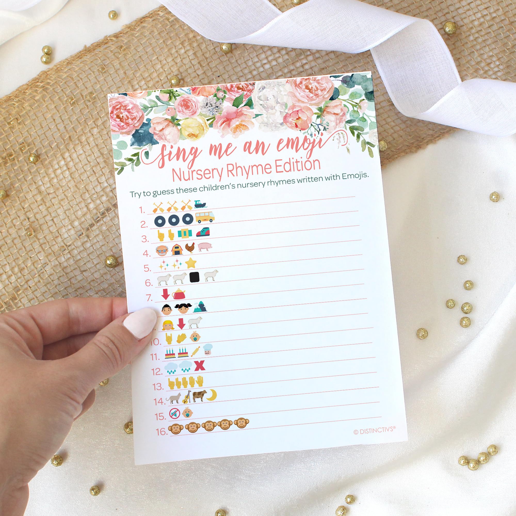 Distinctivs Baby in Bloom Baby Shower Emoji Game - 20 Pink Floral Boho Girl Nursery Rhyme Cards for Gender Reveal & Newborn Celebrations
