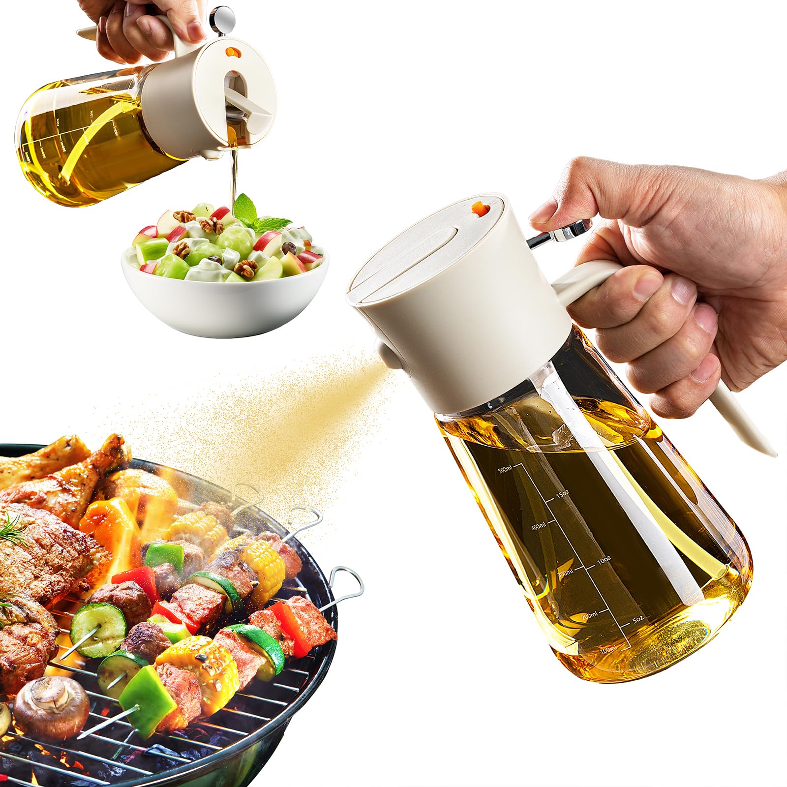 Premium Olive Oil Dispenser Bottle - 2-in-1 Oil Sprayer & Pourer - 500ml/17oz Glass Bottle with Upgraded Nozzle - Perfect for Cooking, Baking, Salad Dressing & Grilling - Kitchen Essential for Healthy Cooking & Meal Prep