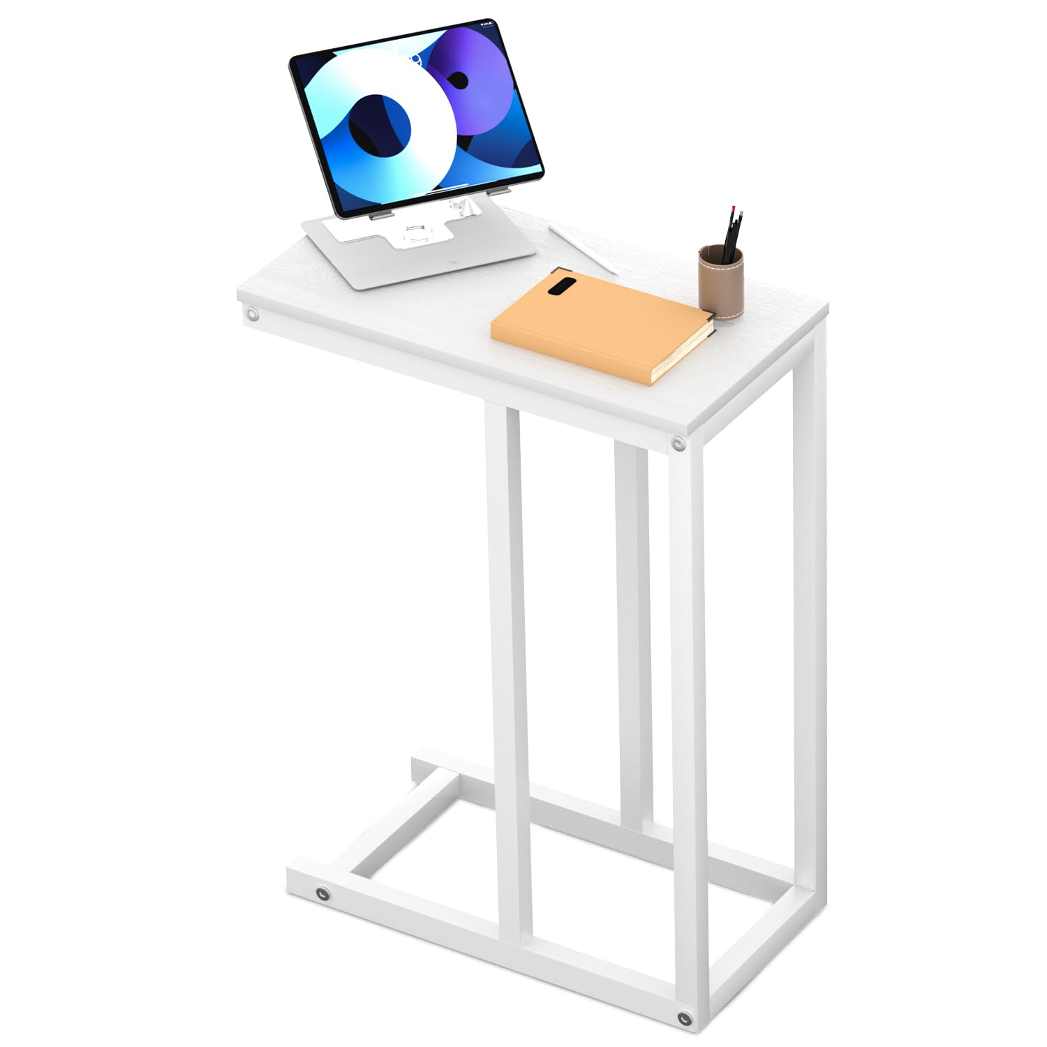 MoNiBloom C-Shaped End Table - Slide Under Couch Side Table with Sturdy Metal Frame for Living Room, Bedroom, Office - White - Perfect for Small Spaces, Sofa Snacking & Nightstand Use