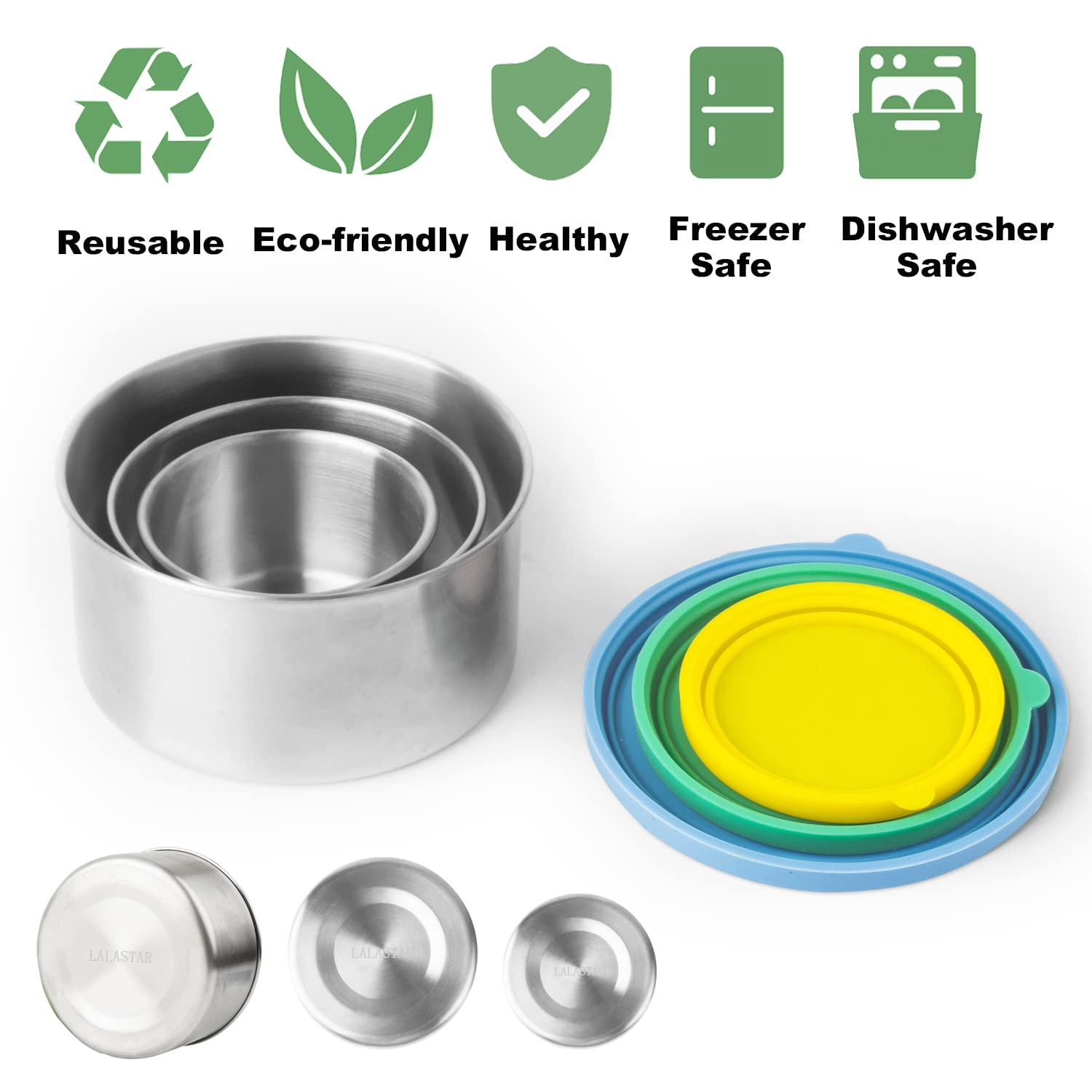 LALASTAR 3-Piece Stainless Steel Food Storage Containers Set with Leakproof Silicone Lids (110ml, 220ml, 400ml) - Reusable Metal Lunch Box for Snacks, Bento, Sauces & Meal Prep - Perfect for Office, School, Picnics & Travel
