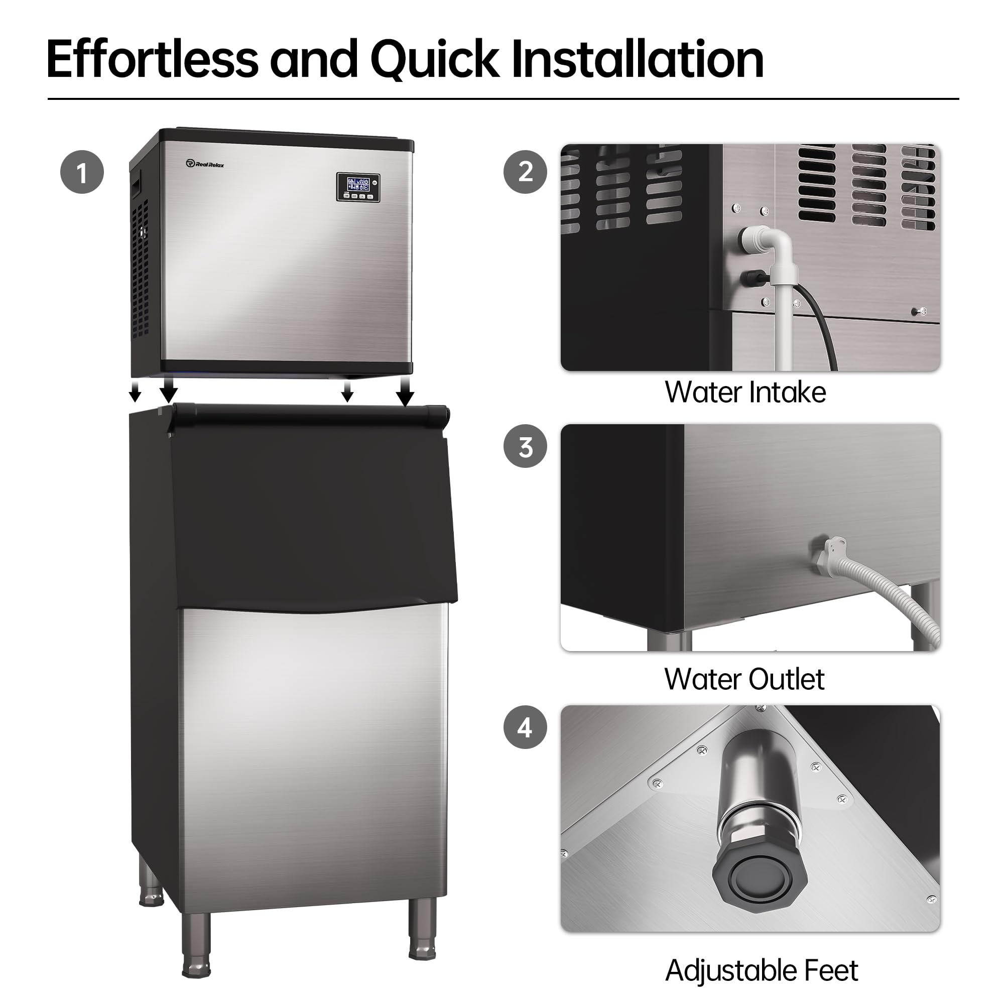 Commercial Ice Maker Machine 360 lbs/24h, 200 lbs Ice Storage Bin, Stainless Steel Self-Cleaning with LCD Display - Freestanding Ice Maker for Home, Bar, Restaurant, Office - Includes Connecting Hose (Silver) - Perfect for Cocktails, Beverages & Large Gatherings