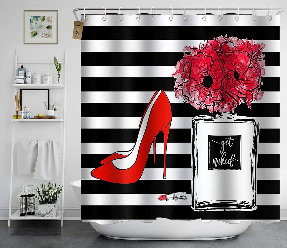 4PCS Red High Heels Perfume Bottle Shower Curtain Set with Non-Slip Bath Mat - Black White Striped Floral Bathroom Decor for Women & Teens - Modern Lipstick Makeup Theme for Shower, Bathroom & Vanity Areas