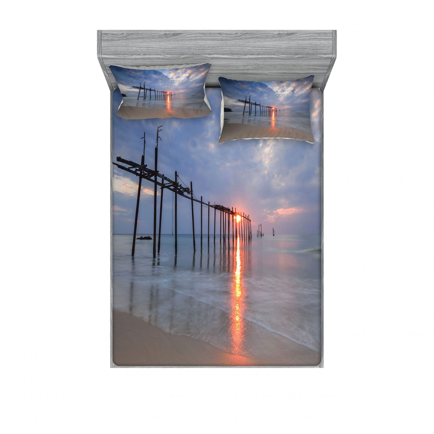 Ambesonne Nautical 2-Piece Full Size Fitted Sheet Set with 4 Pillow Shams - Sunset Ocean Romance Grey Beige Bedding Decor | Perfect for Coastal Themed Bedrooms, Guest Rooms & Vacation Homes