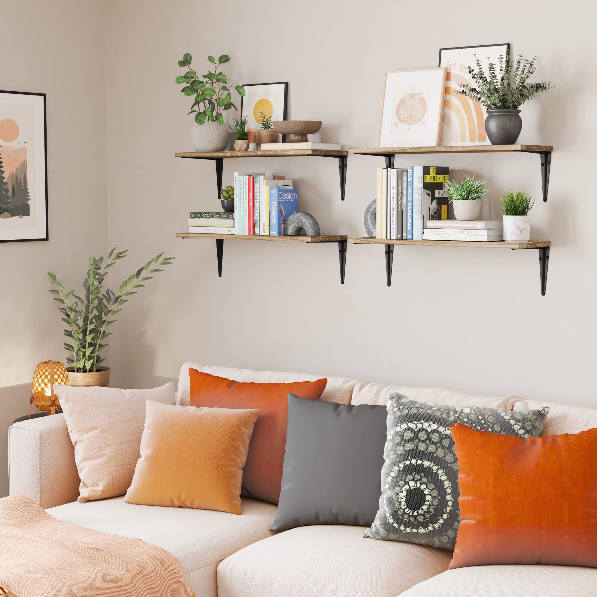 Wallniture Arras 24x8 Inch Floating Shelves Set of 4 - Rustic Burnt Finish Wall Mounted Shelves for Home Decor, Bookshelf for Living Room, Kitchen Storage & Bedroom Organization - Perfect for Displaying Books, Plants & Decorative Items