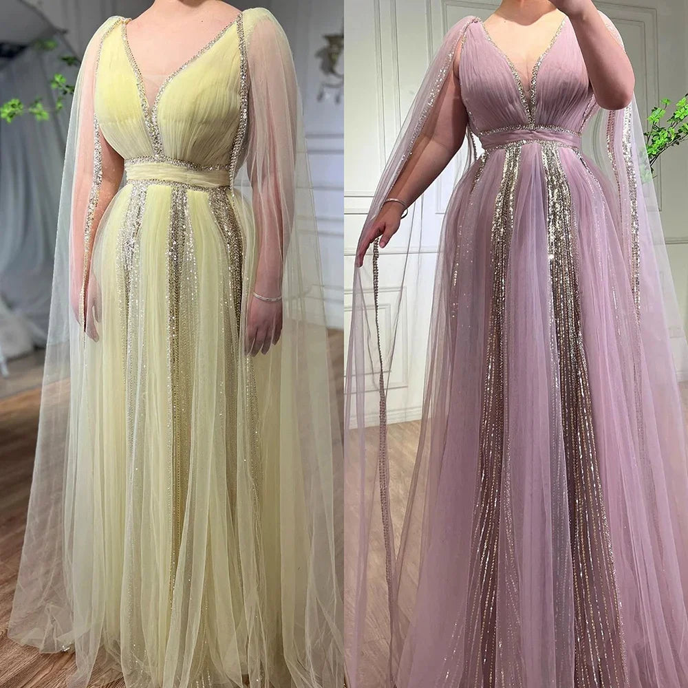 Elegant Sage Green Evening Dress with Cape Sleeves - Yellow Formal Gown for Wedding, Party & Special Occasions | LA72279 | Perfect for Bridesmaids, Prom & Cocktail Events