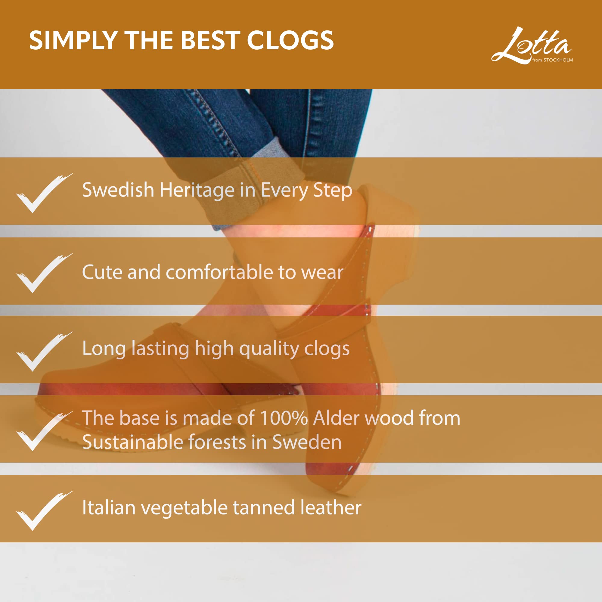 Swedish Classic Mule Clog Shoes for Women - Genuine Tan Leather Comfortable Wooden Clogs with 2 Inch Heel & 3/4 Inch Platform Support - Perfect for Nurses, Teachers & All-Day Wear