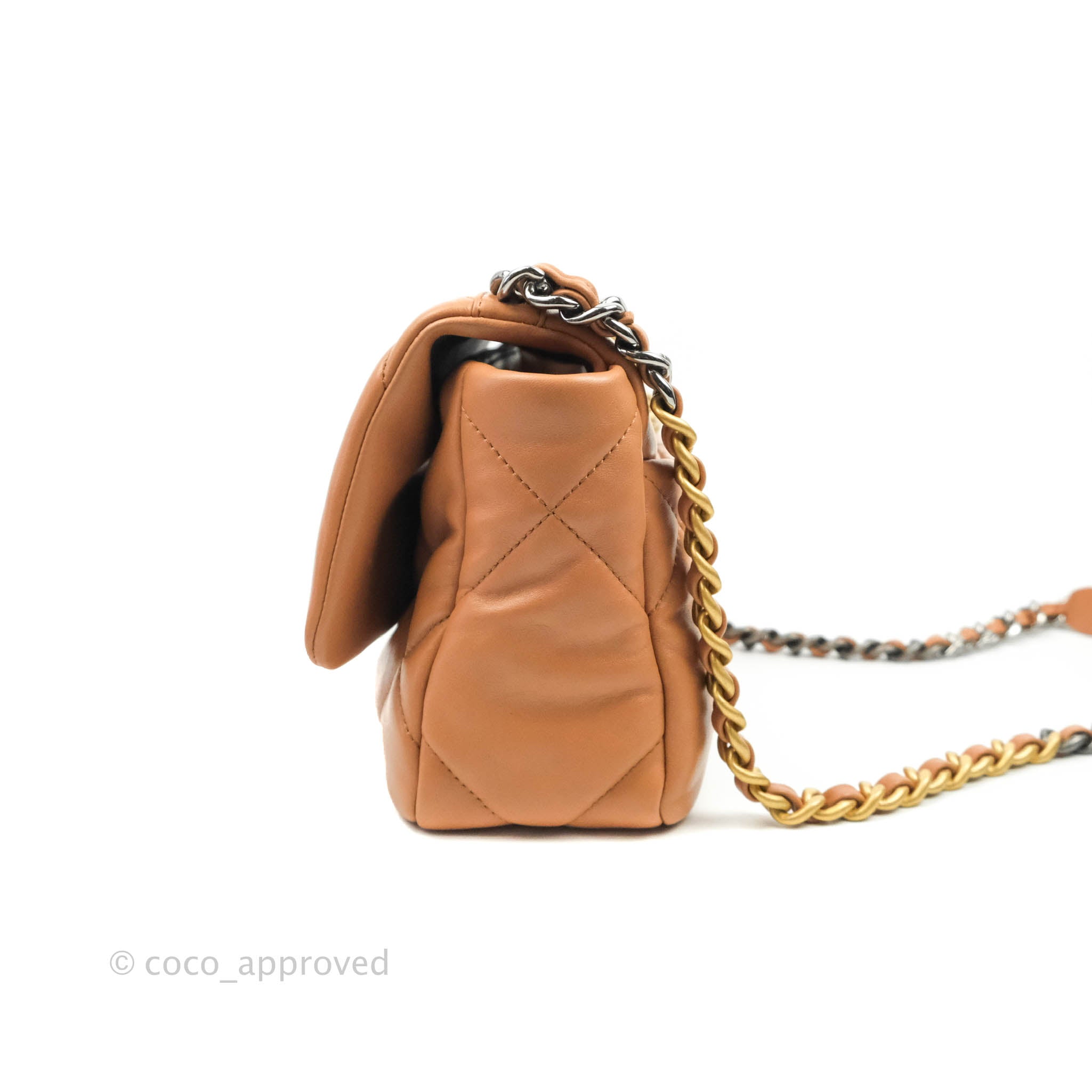 Authentic Chanel 19 Small Handbag in Caramel Dark Beige Lambskin with Mixed Hardware - 21K Collection | Luxury Crossbody Bag for Women, Perfect for Date Night & Special Occasions