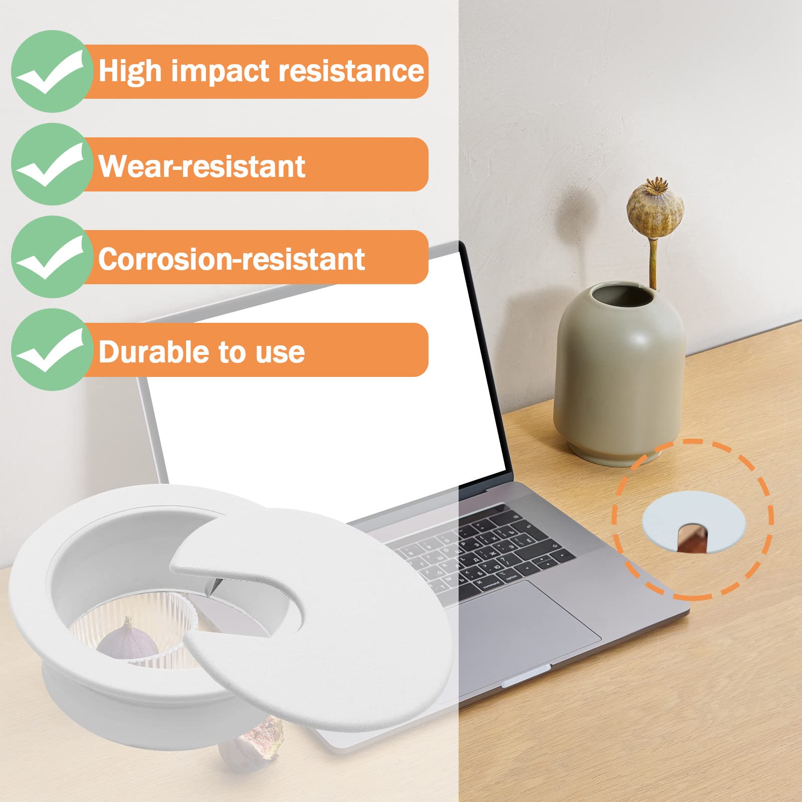 5-Pack White Desk Grommets (1 3⁄8 Inch/44mm) - Cable Hole Covers for Office PC & Computer Desk Wire Management - Perfect for Home Office, Gaming Setup & Workspace Organization
