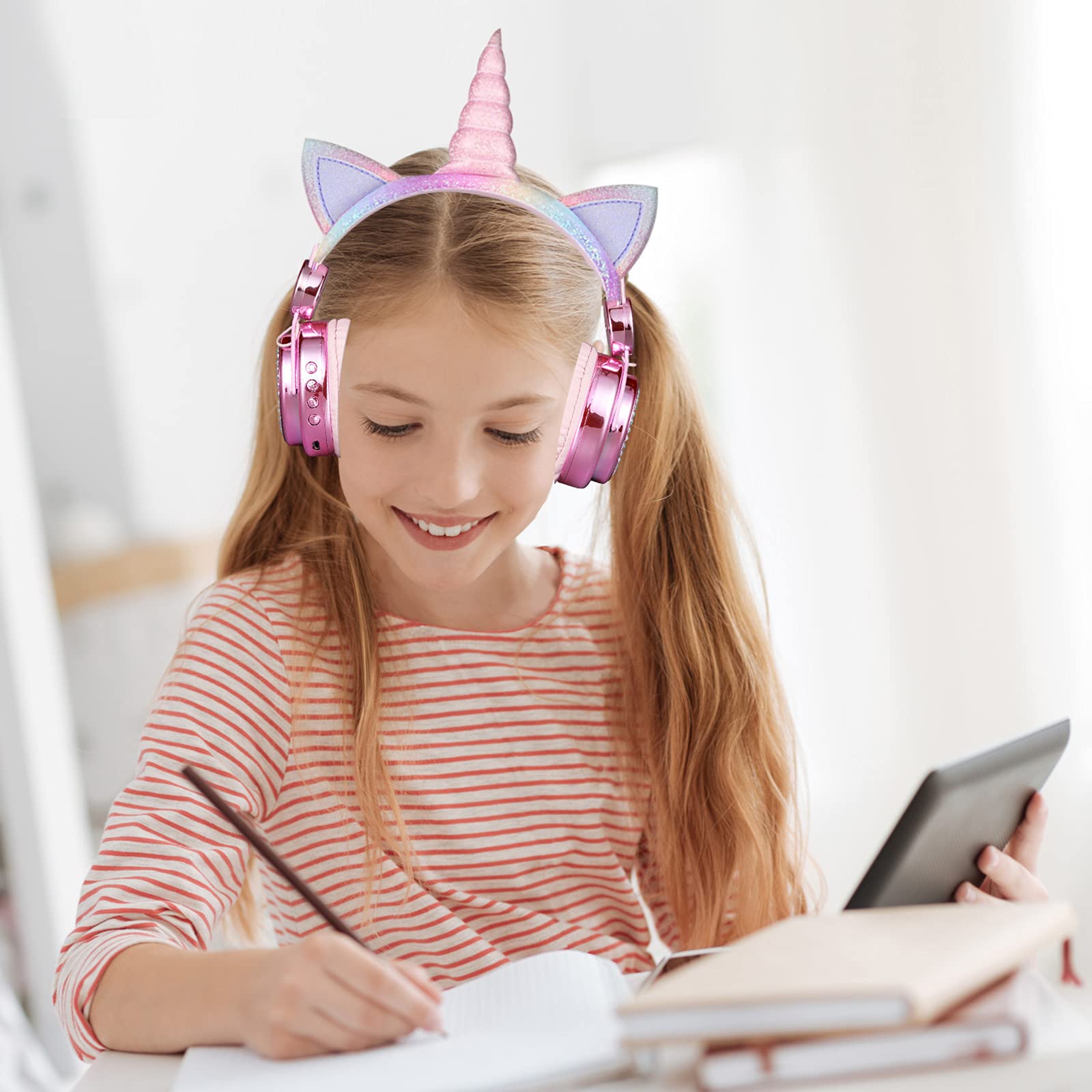 Wireless Bluetooth Headphones for Kids with LED Unicorn Lights - 10H Playtime, Built-in Mic, Music Sync Flashing (Rainbow) - Perfect for Girls' Birthday Gifts, Travel & Online Learning