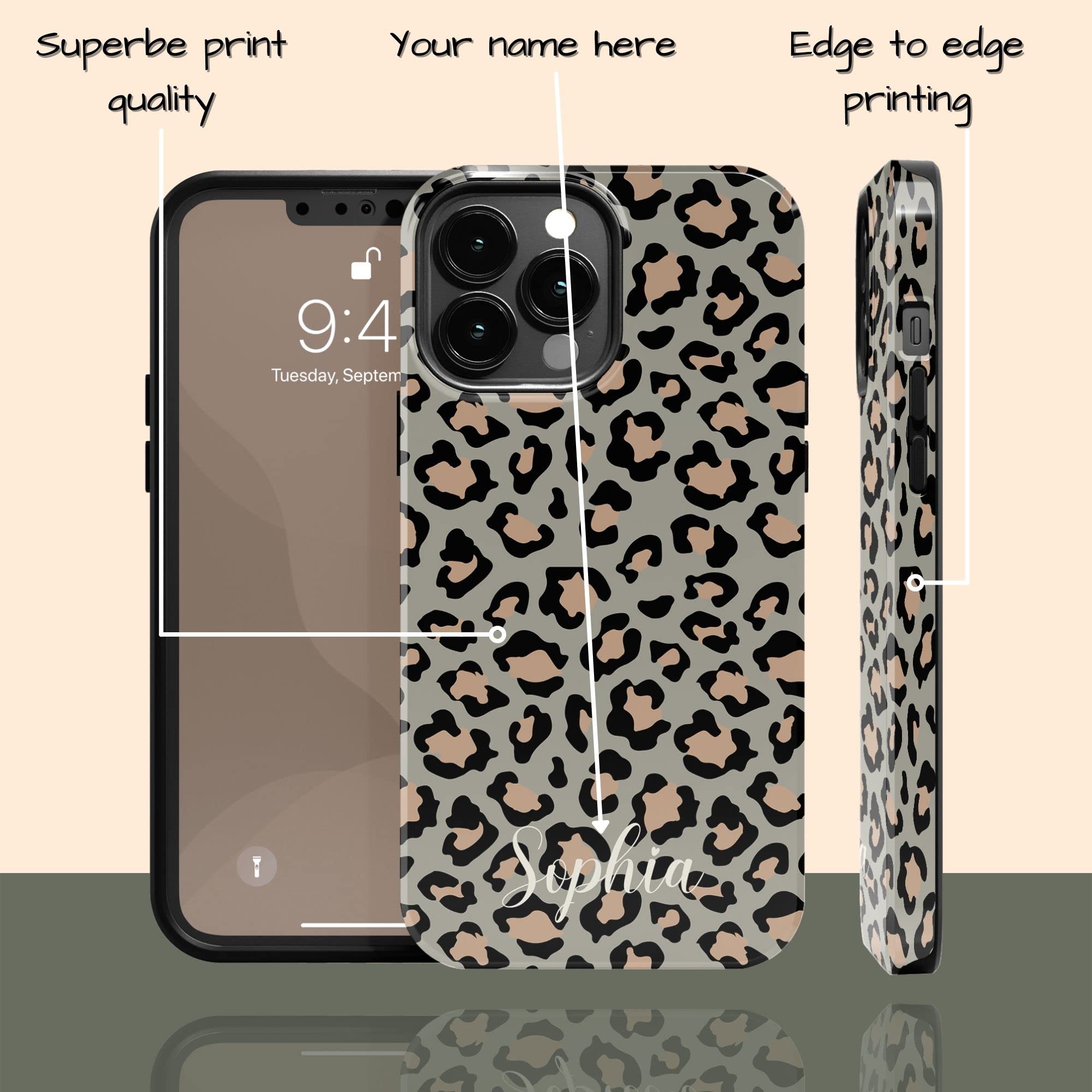 Custom Leopard Print Phone Case - Personalized Name Engraved iPhone 16 Plus/15 Pro Max/14/13 Mini/12/11/X/XS Max/XR/7/8 Plus - Stylish Animal Print Protective Cover for Everyday Use & Fashion Statement